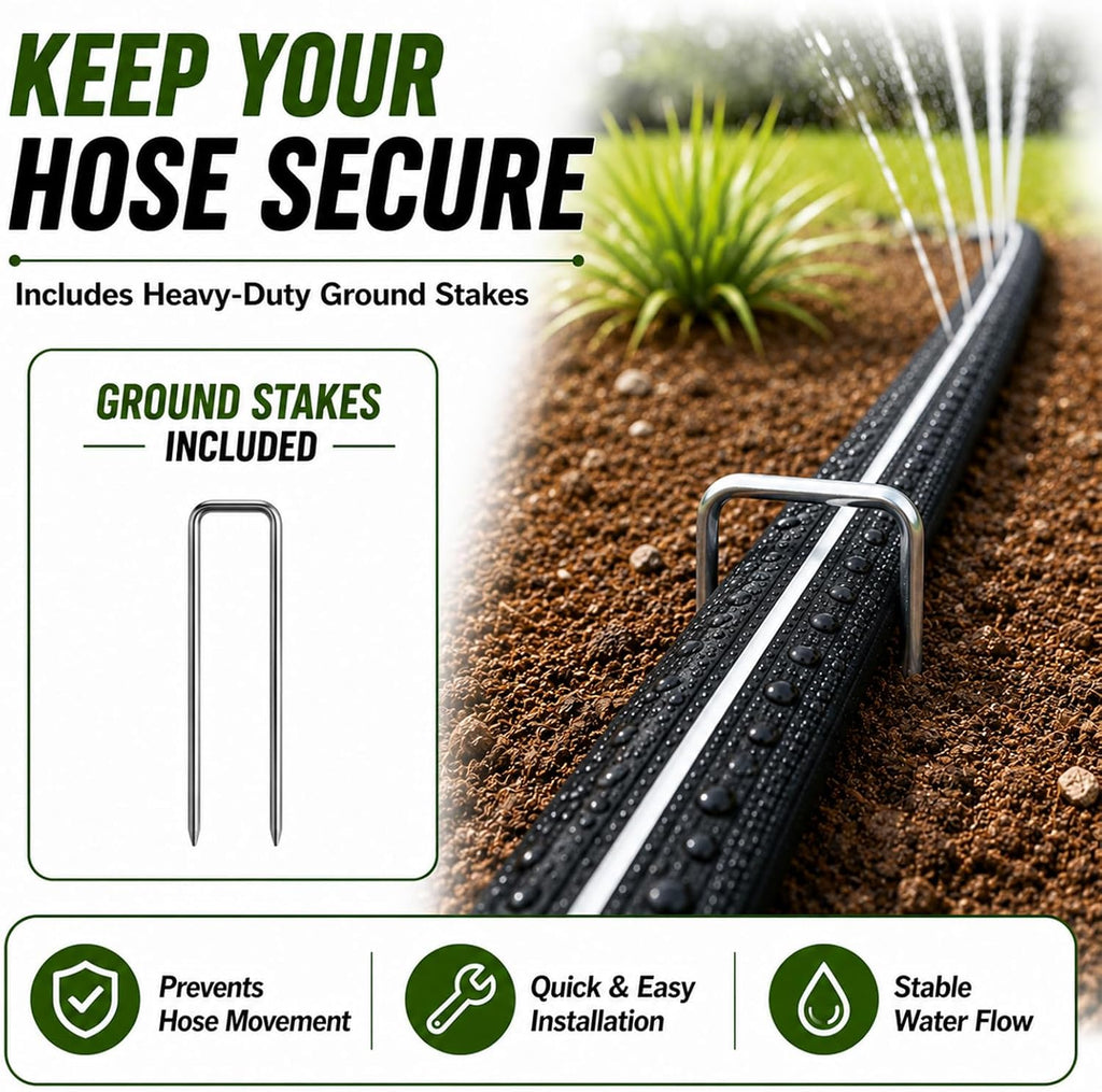 Sprinkler Hose with Holes, Flat Soaker Hose 100 Ft (25 ft 4pack) with Garden Staples and Splitters, Watering Drip