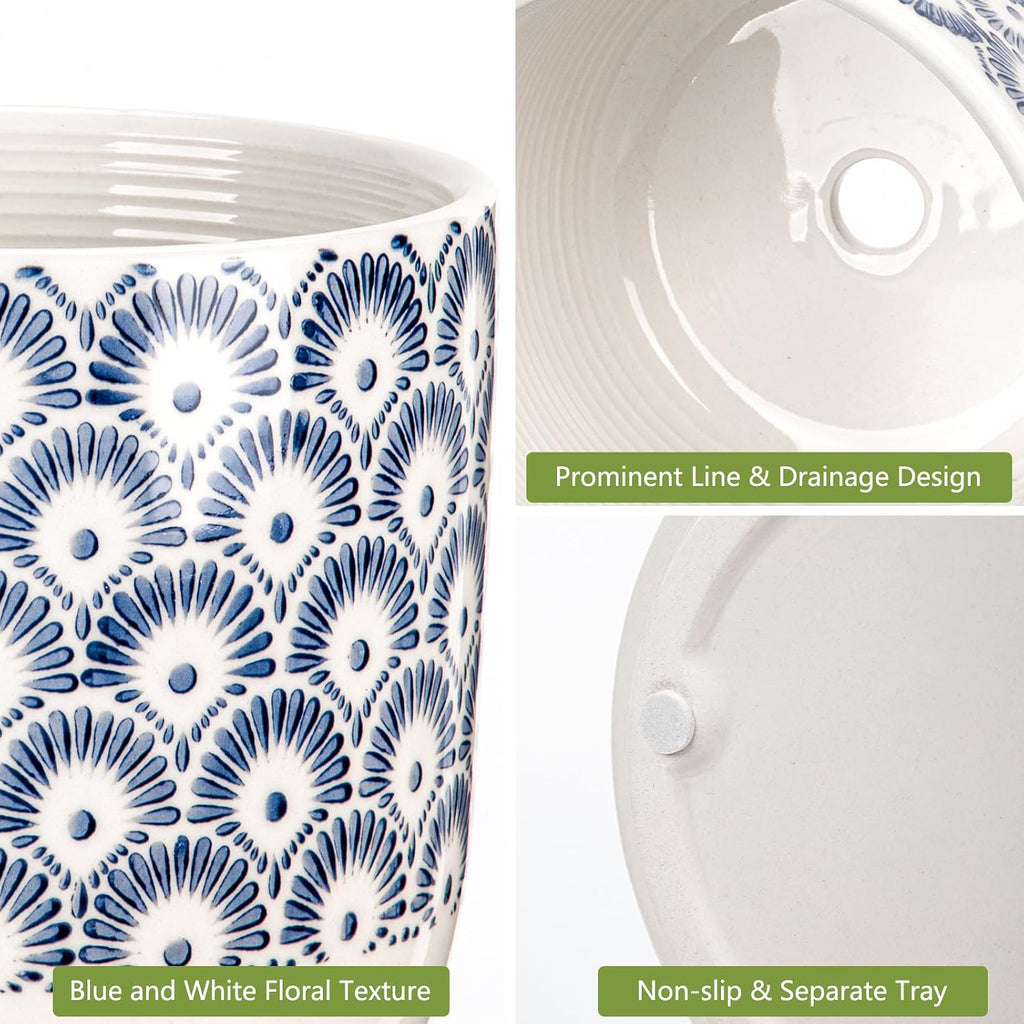 Ceramic Planter Pots for Indoor Outdoor, 5+6 inch Round Flower Pots with Drainage Hole and Tray, Blue and White Plant