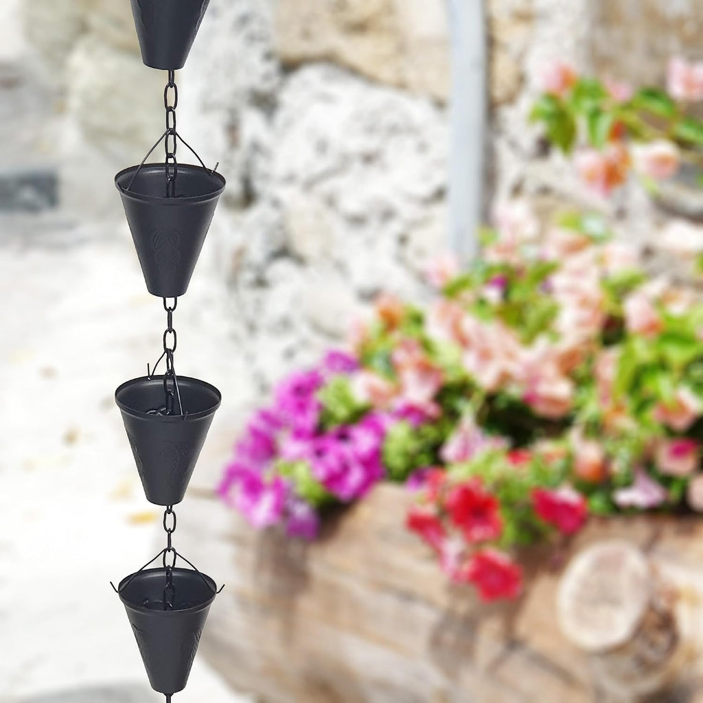 8.5FT Cone Iron Rain Chain for Gutters and Rain Barrel+Adapter, Black | Rain Chains for Downspout, Rust-Prevent Plated