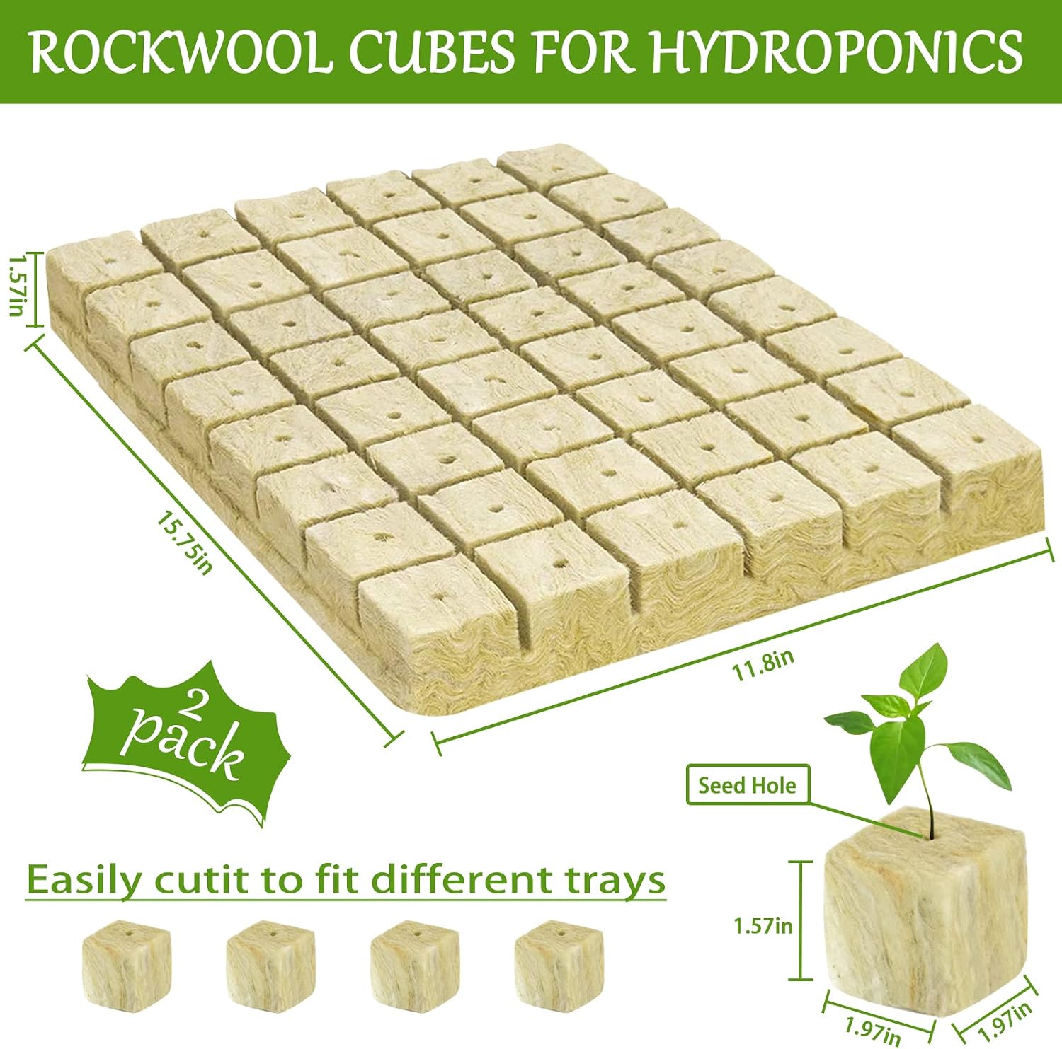 2 Inch Rockwool Cubes for Hydroponics Seed Starter, Rock Wool Planting Cubes Hydroponic Garden Grow Plugs for Soilless
