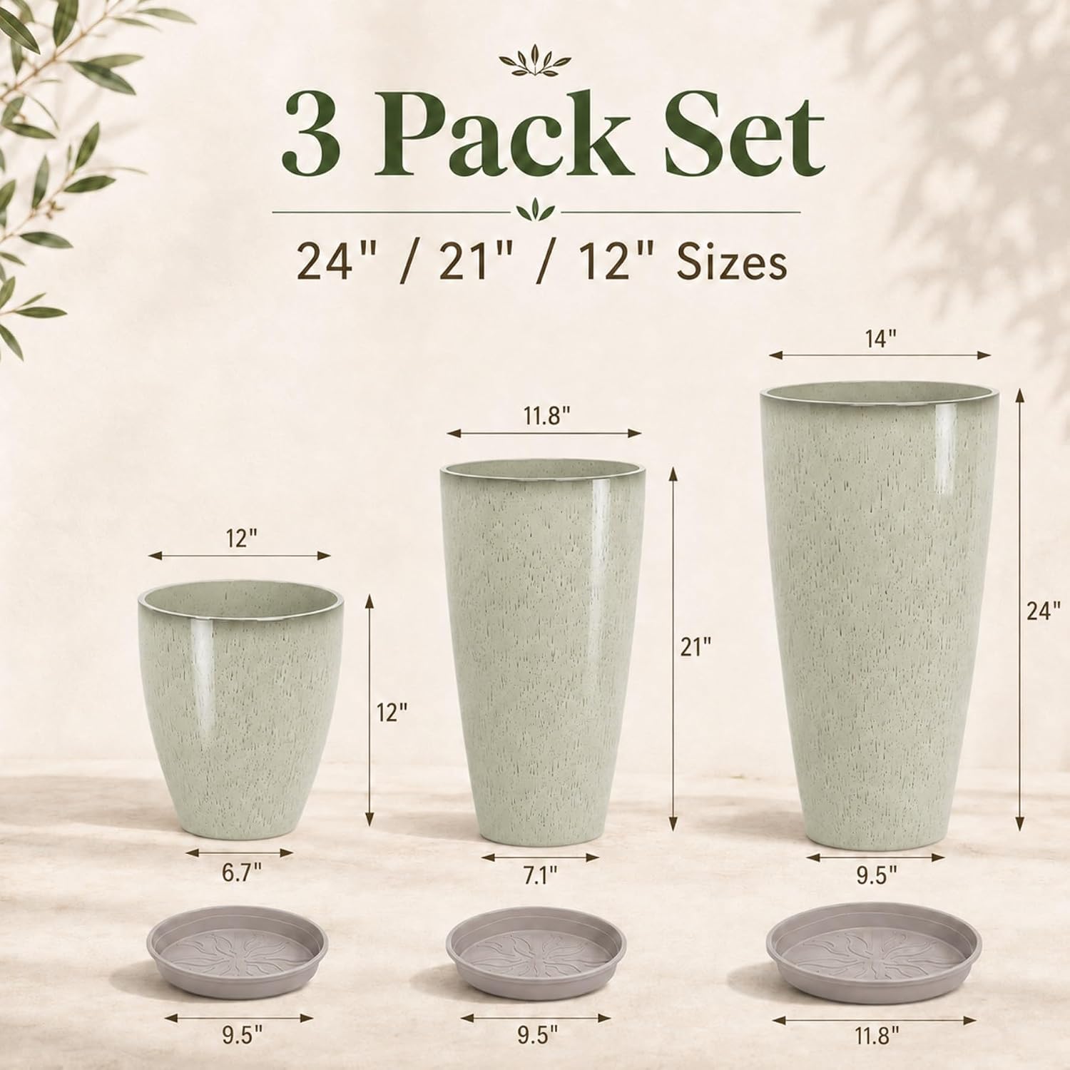 Neoaider Set of 3 Tall Planter, 24/21/12in Large Plastic Planter, DripGlaze | Ceramic-Look, Lightweight, Built-in Drain