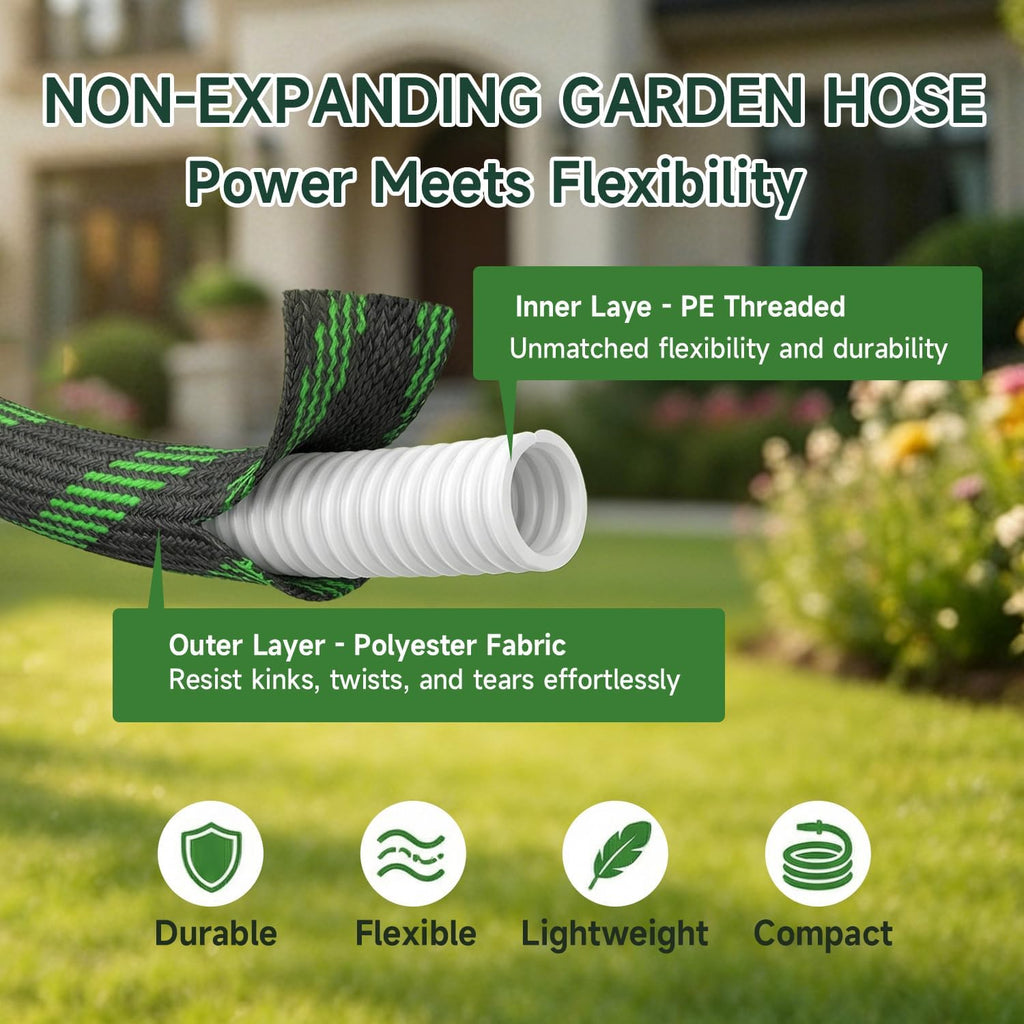 Non-Expandable Garden Hose 50 FT, Heavy-Duty & Flexible Water Hose with 10-Function Nozzle, Kink-Free & Leak-Proof