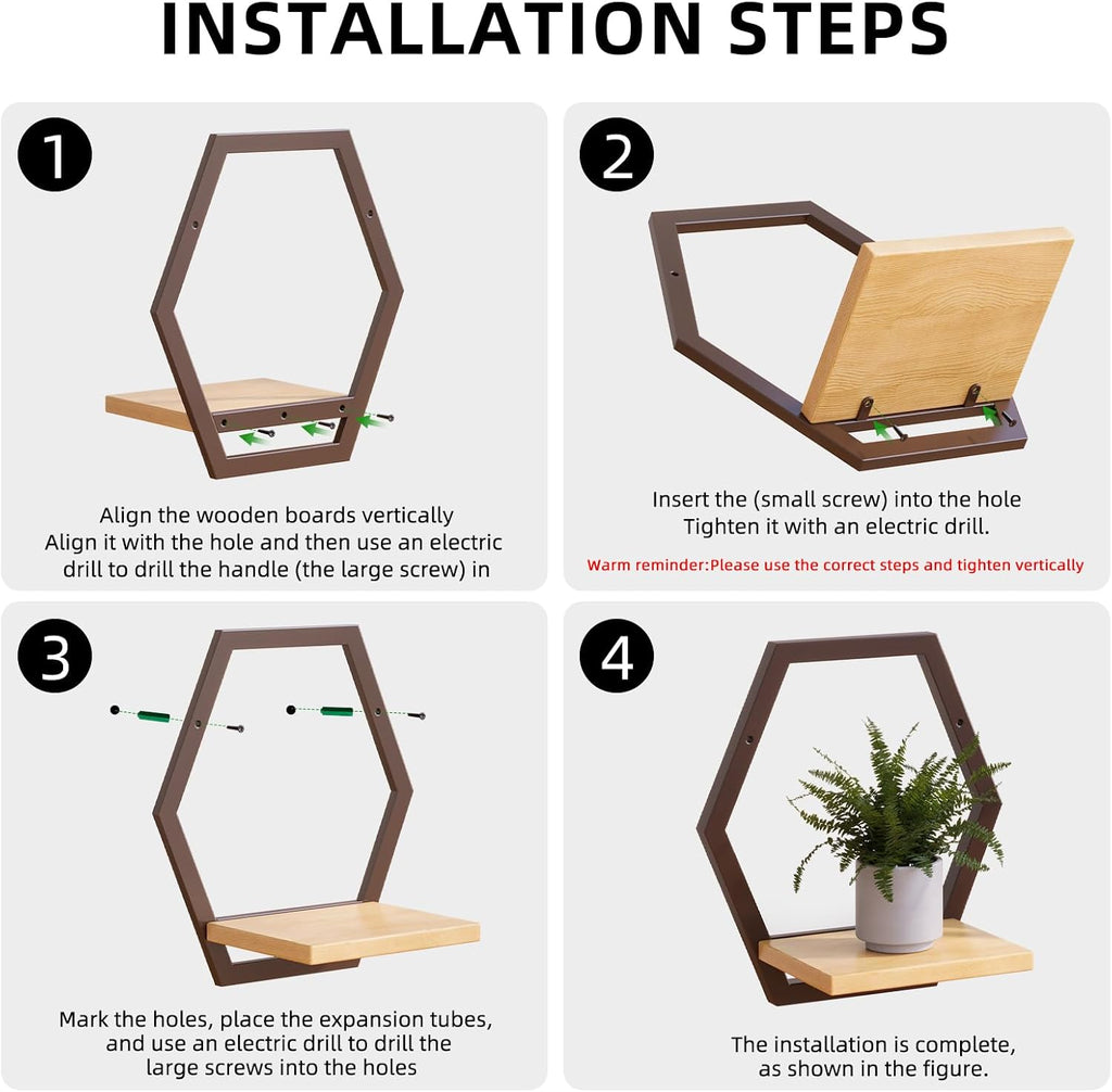 3 Pack Hexagon Wall Plant Stands, 9 Inch Wood Shelf, Coffee | Soild Wood,Metal Framework,Wall Plant Stand,Natural Wood