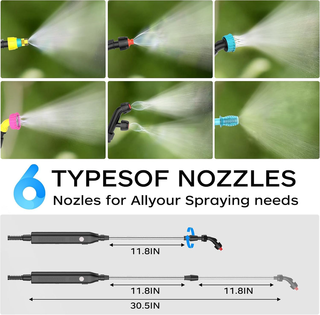 2-Gallon Battery-Powered Sprayer,6 Nozzles,2 Spray Modes, Telescopic Pole | Electric Sprayer for Lawn and Garden