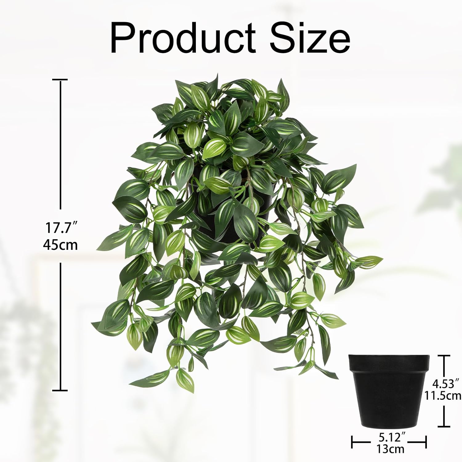Briful Artificial Hanging Plants in Black Pot 17.7" Lifelike Trailing Faux Watermelon Peperomia Silk Plant with