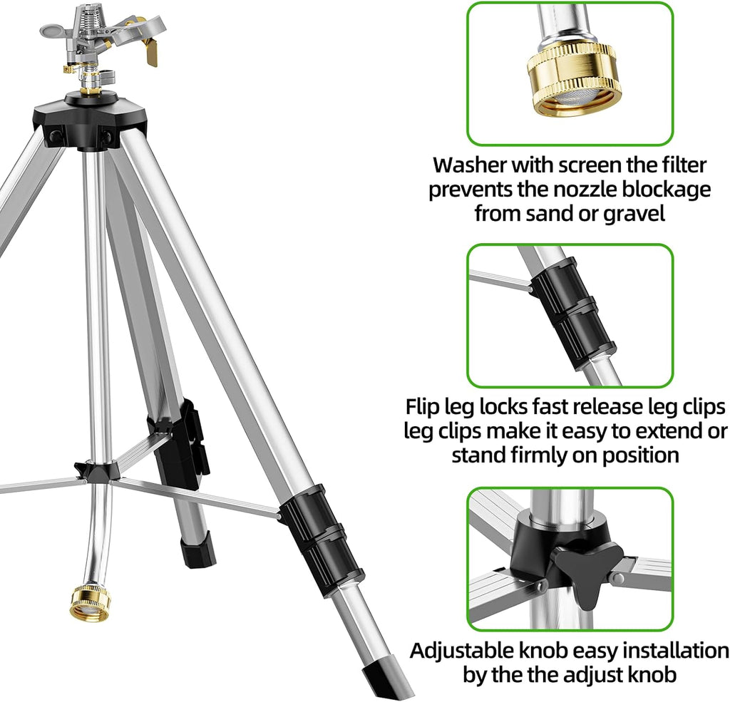 SPECILITE Brass Impact Sprinkler on Tripod Base, Waters up to 90ft, 50 inch | Heavy Duty Metal, 360 Degree Irrigation