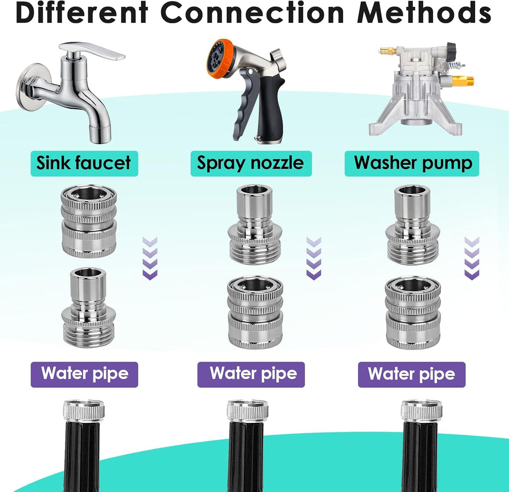 5 Set 3/4 Inch Stainless Steel Garden Hose Quick Connect Fittings Kit | 3/4 Inch GHT Water Hose Fittings, Quick Release