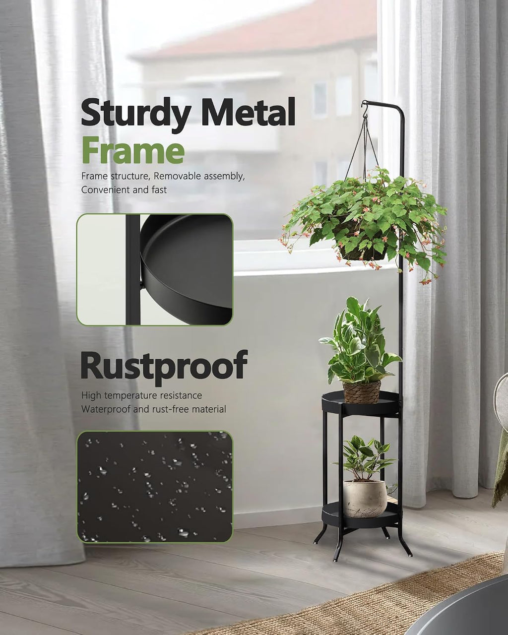 RINBOU Hanging Plant Stand Indoor Outdoor, Space-Saving Corner Metal Plant Shelf 3 Potted Flower Pot Stand, 2 Tier 61"