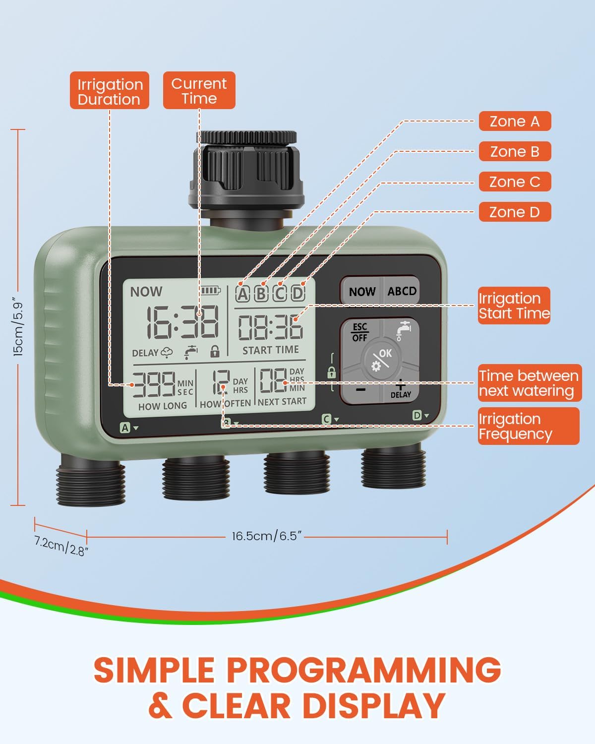 4 Zone Sprinkler Timer, Programmable Water Timer for Garden Hose | 4 independent zones, programmable watering, rain
