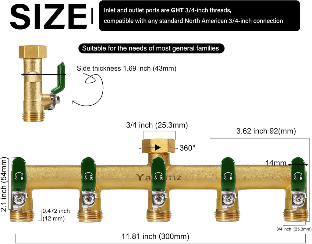 5 Way Garden Hose Splitter, 3/4" GHT Outdoor Water Spigot Splitter | Heavy Duty Solid Brass Body with Shut-off Valves &