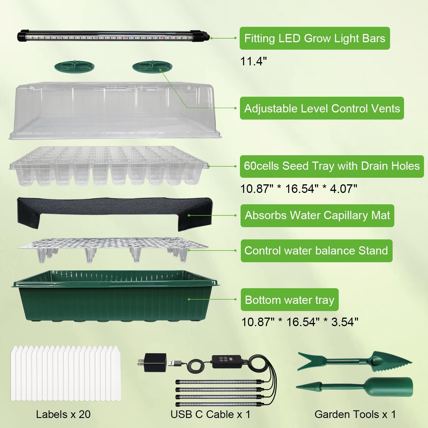 TONYFUL Seed Starter Tray with Grow Light, 120-Cell Seed Starter Kit with 4.07” Humidity Dome, Indoor Seedling Starter