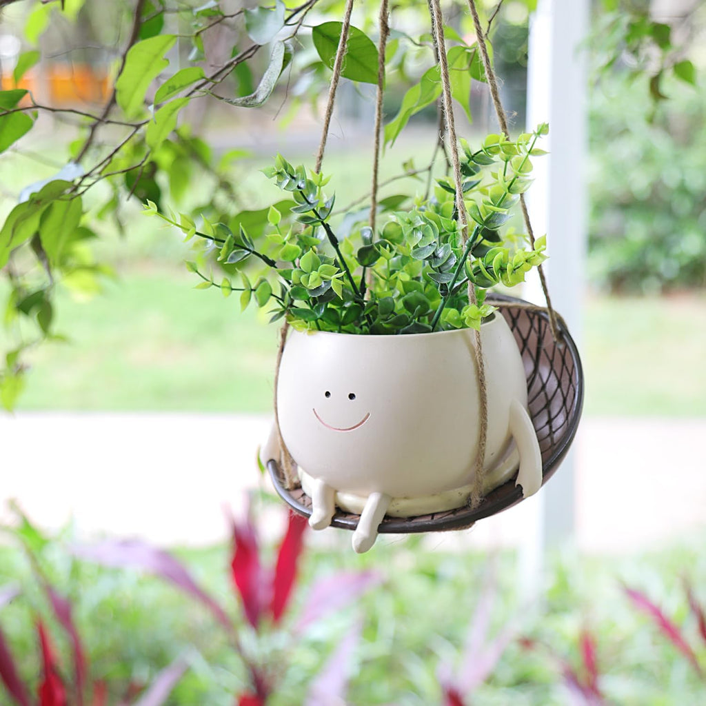 bestbear Hanging Swing Chair Planter Pot Resin Smiley Face Planter for Indoor Outdoor Plant Cute Head Flower Pots for