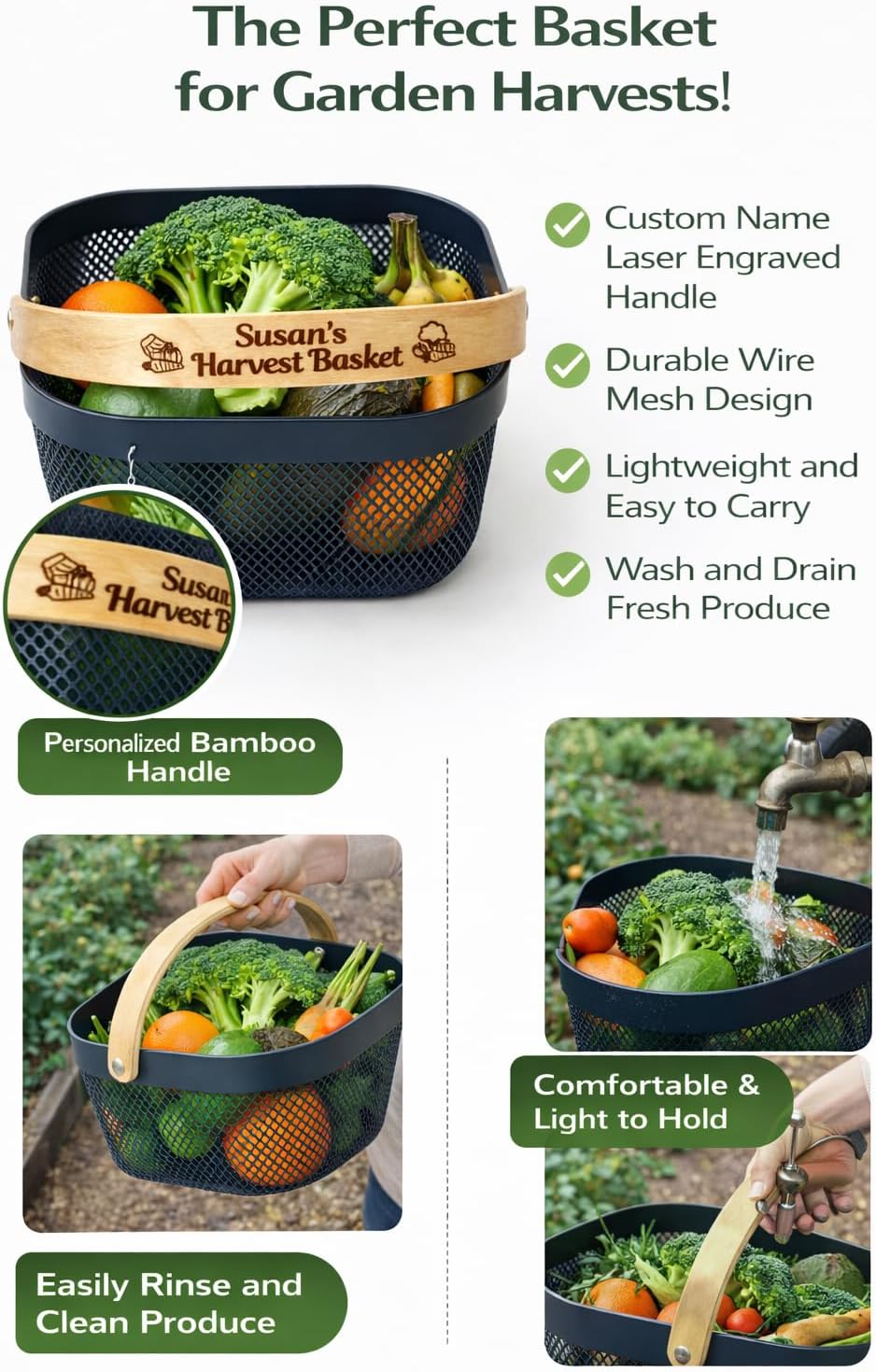Harvest Basket Plastic Mesh Garden Hod with Personalized Bamboo Handle – Lightweight Vegetable Harvest Basket for