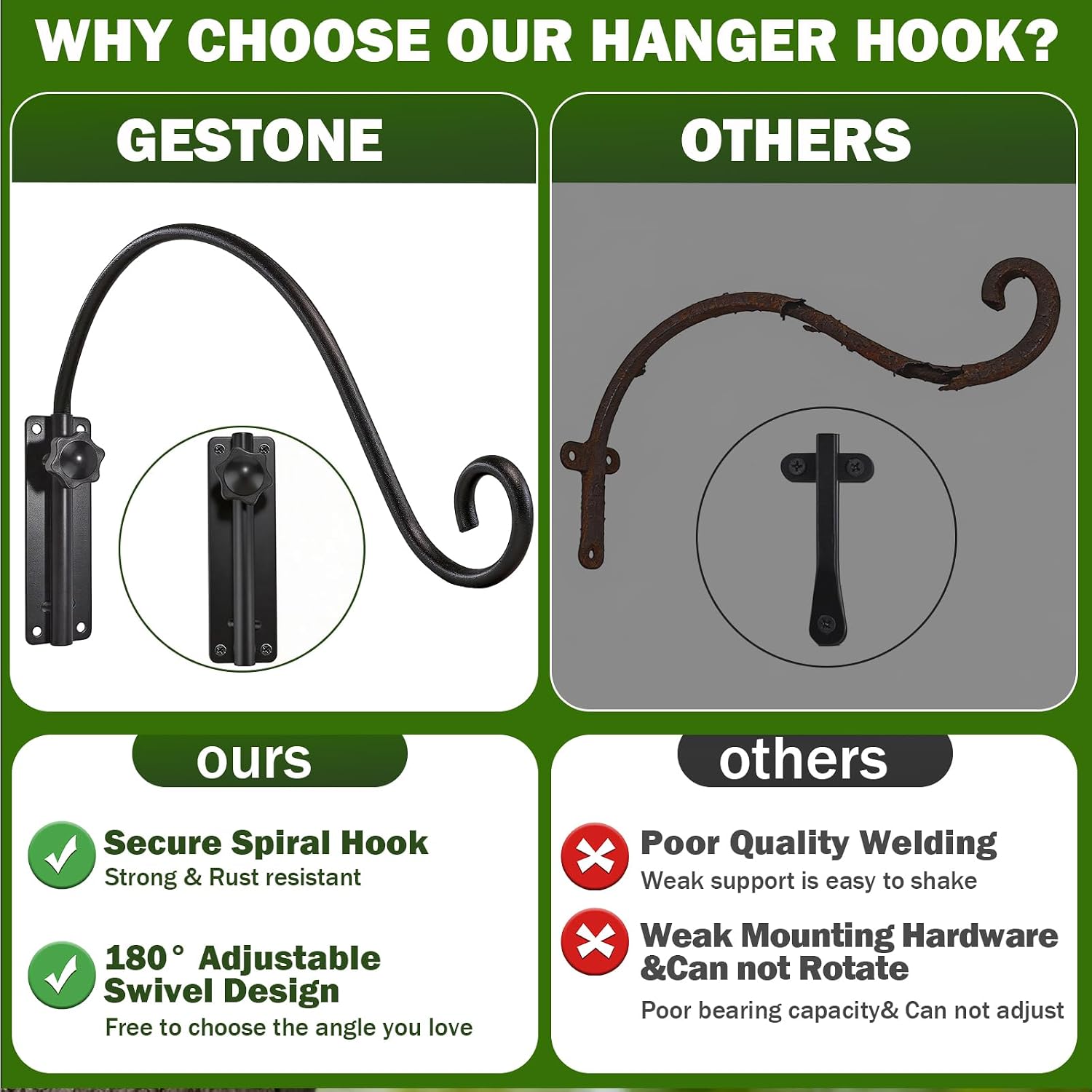 16 Inch Swivel Plant Hangers Bracket, 2 Pack Bird Feeder Hangers | Heavy Duty Swinging Plant Hanger, Solid Iron Wall