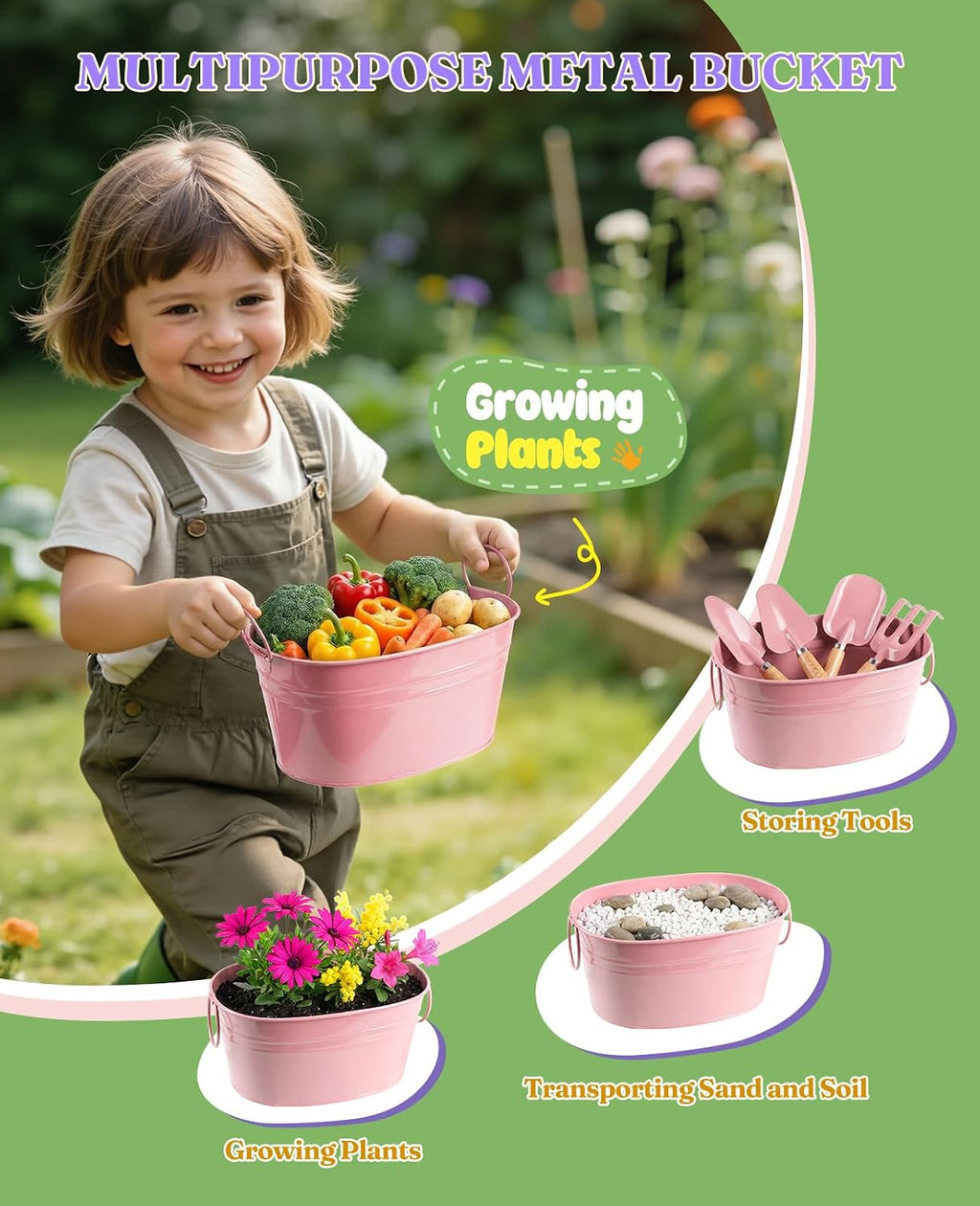 8Pcs Kids Gardening Set with Real Metal Tools & Metal Basket, Pink | 3 Wooden Handles, STEM Outdoor Exploration