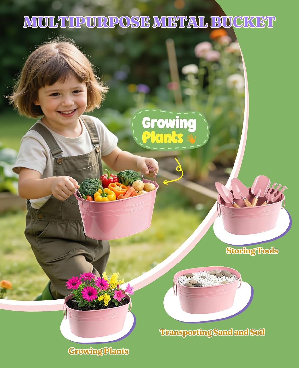 8Pcs Kids Gardening Set with Real Metal Tools & Metal Basket, Pink | 3 Wooden Handles, STEM Outdoor Exploration