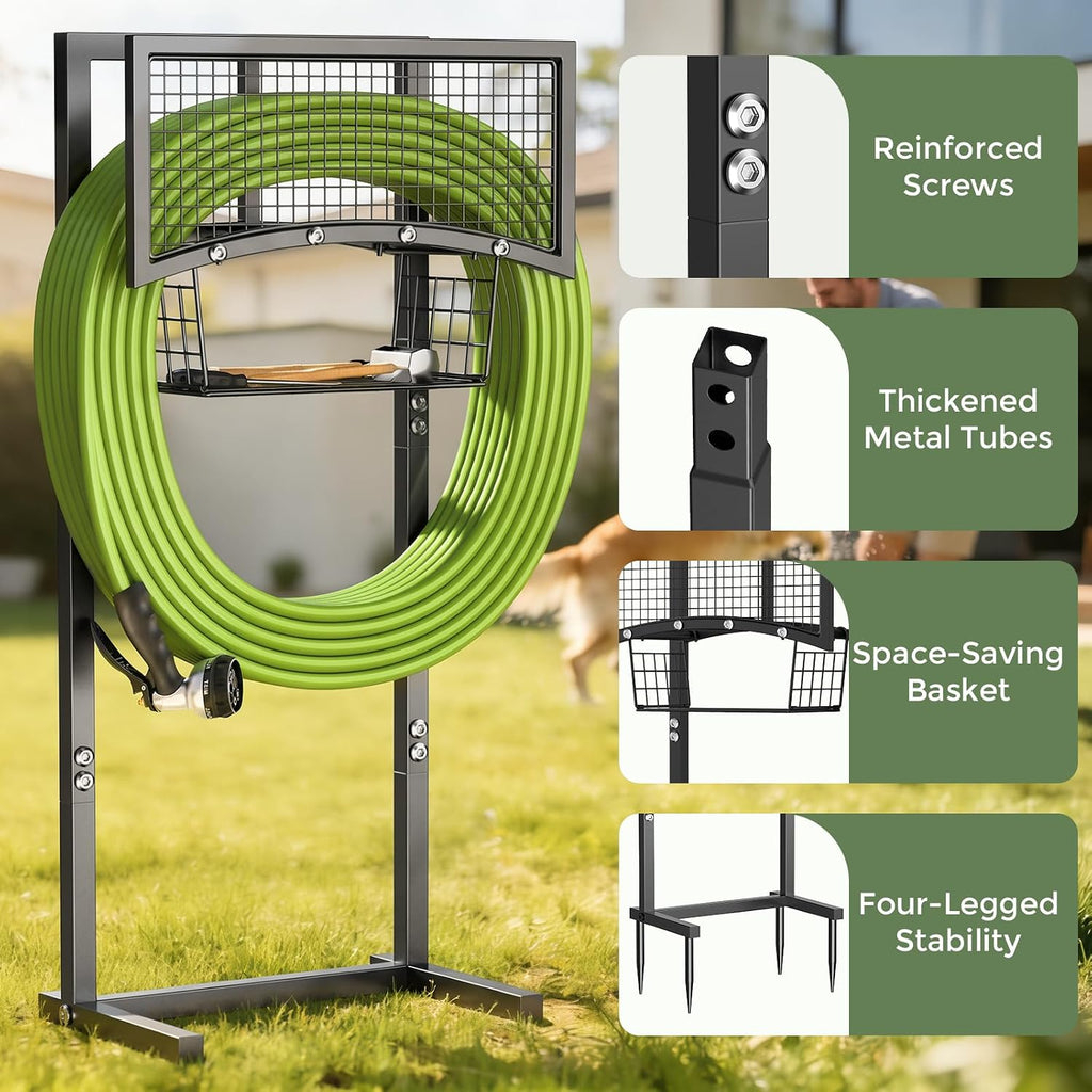 Garden Hose Holder Freestanding with Storage Basket, Holds Up to 165FT Hose, Heavy Duty Metal Water Hose Holder with 4
