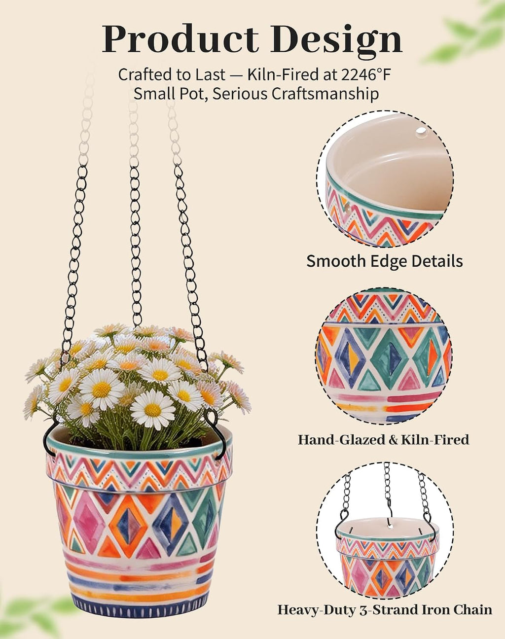 D'ORAMIE Boho Hanging Planter - 5.1" Stoneware Moroccan Geometric Pattern | Ceramic Indoor Outdoor Flower Pot with Iron