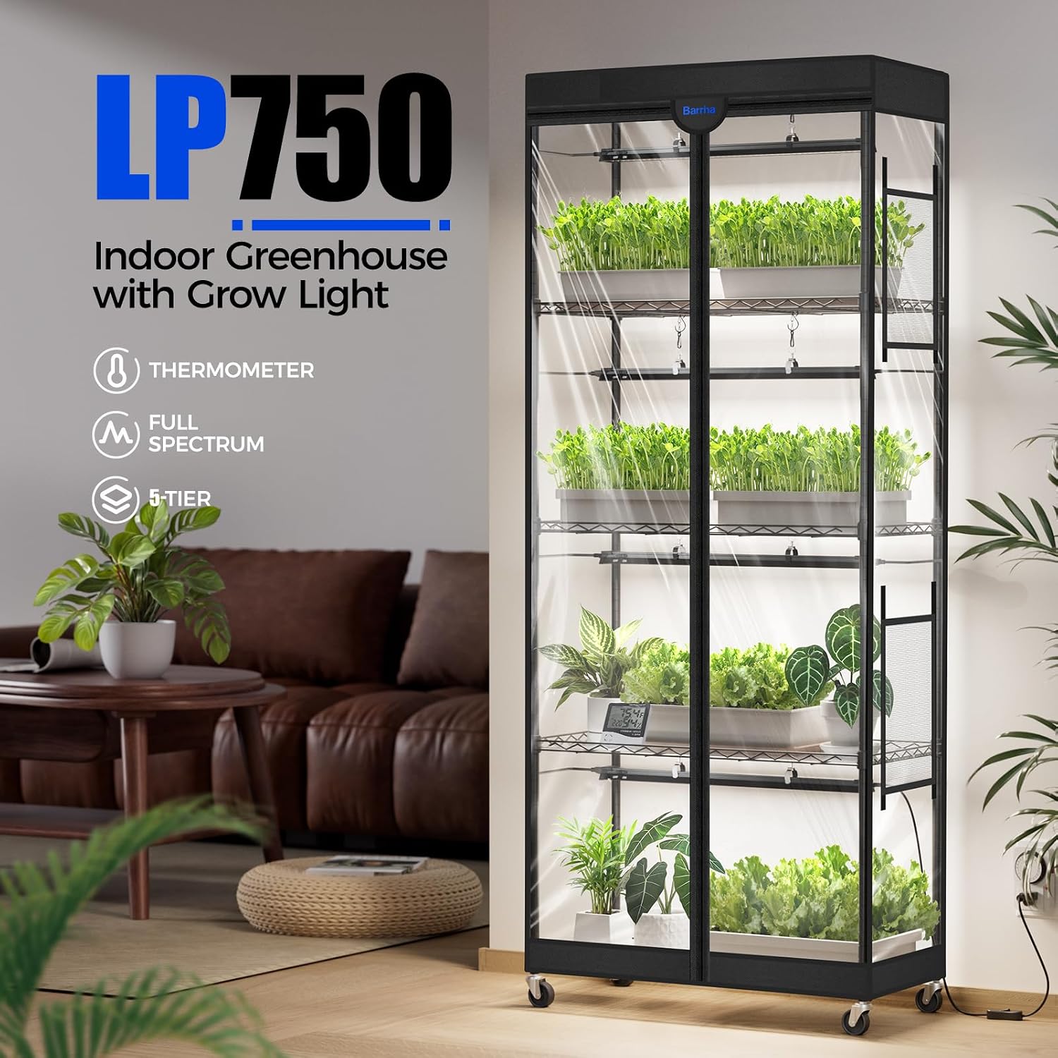 Barrina LP750 Indoor Greenhouse with Grow Light, 5 Tier Stand with Tent | Adjustable Shelf, 140W TX-S35 2FT, 5000K Full