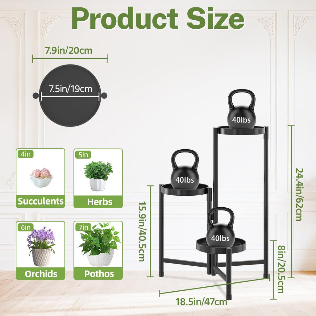 iDavosic.ly Plant Stand Indoor Outdoor, 3 Tier Metal Corner Shelf, Black | Tiered Flower Display Holder, Folding Multi