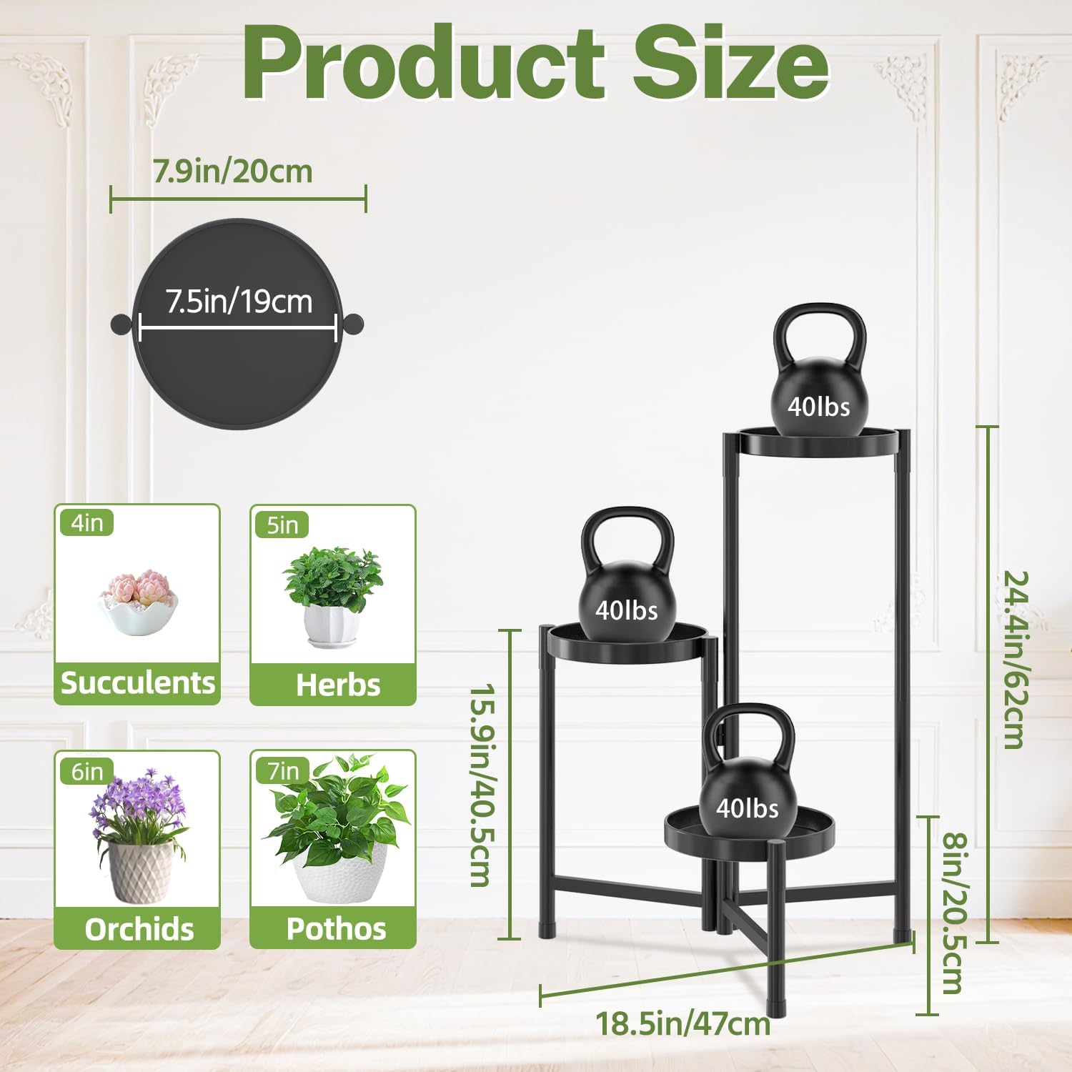 iDavosic.ly Plant Stand Indoor Outdoor, 3 Tier Metal Corner Shelf, Black | Tiered Flower Display Holder, Folding Multi