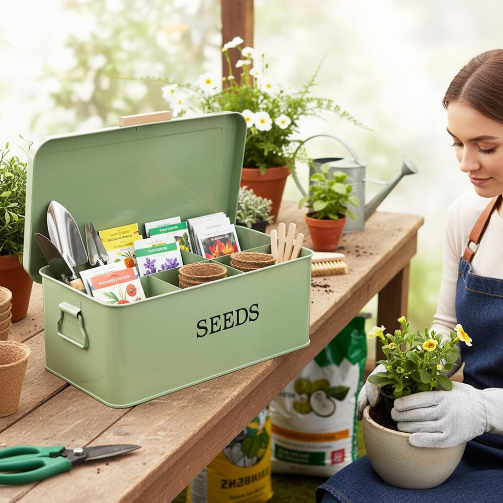 Seed Storage Organizer with 4 Dividers,Metal Seed Saving Box with Lid, Seeds Bin Storage Container Kit with 2 Pens,20