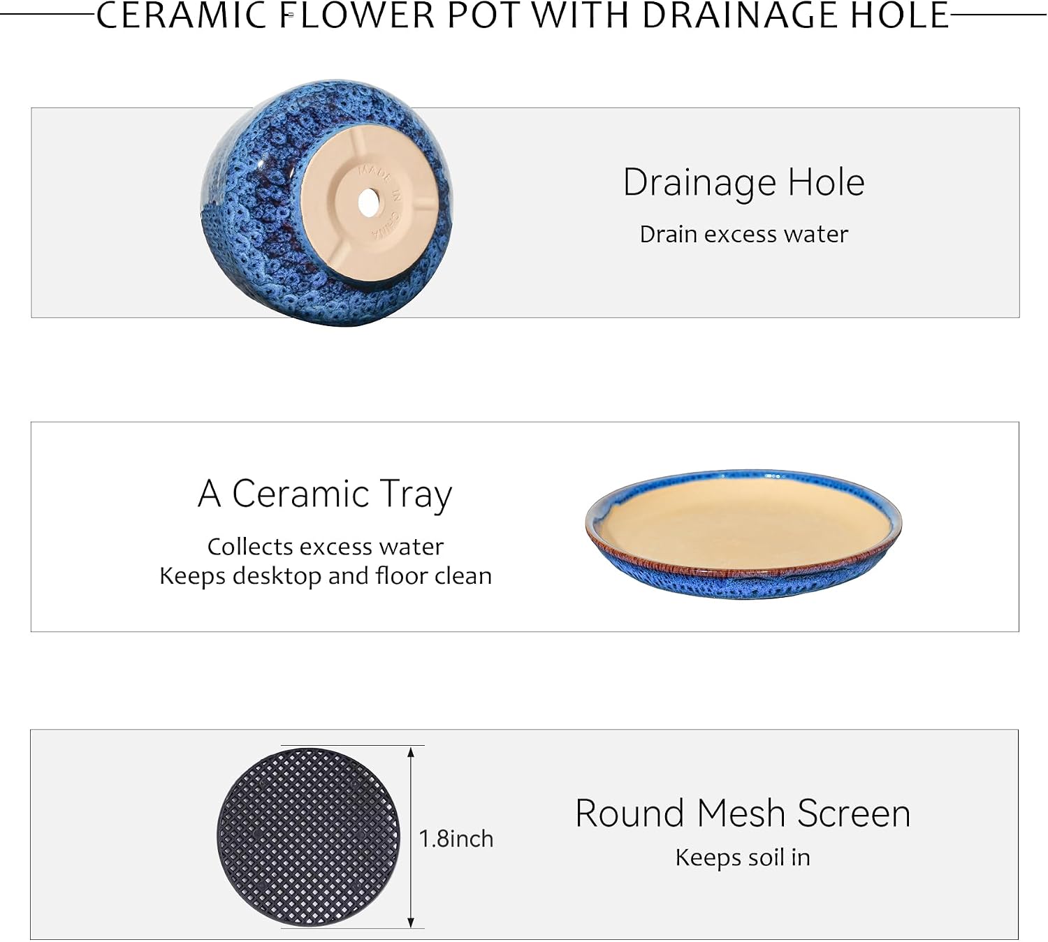 7.5 Inch Ceramic Planter with Saucer,Modern Garden Pots with Drainage Hole Mesh Net, for Indoor Outdoor Use (Speckle
