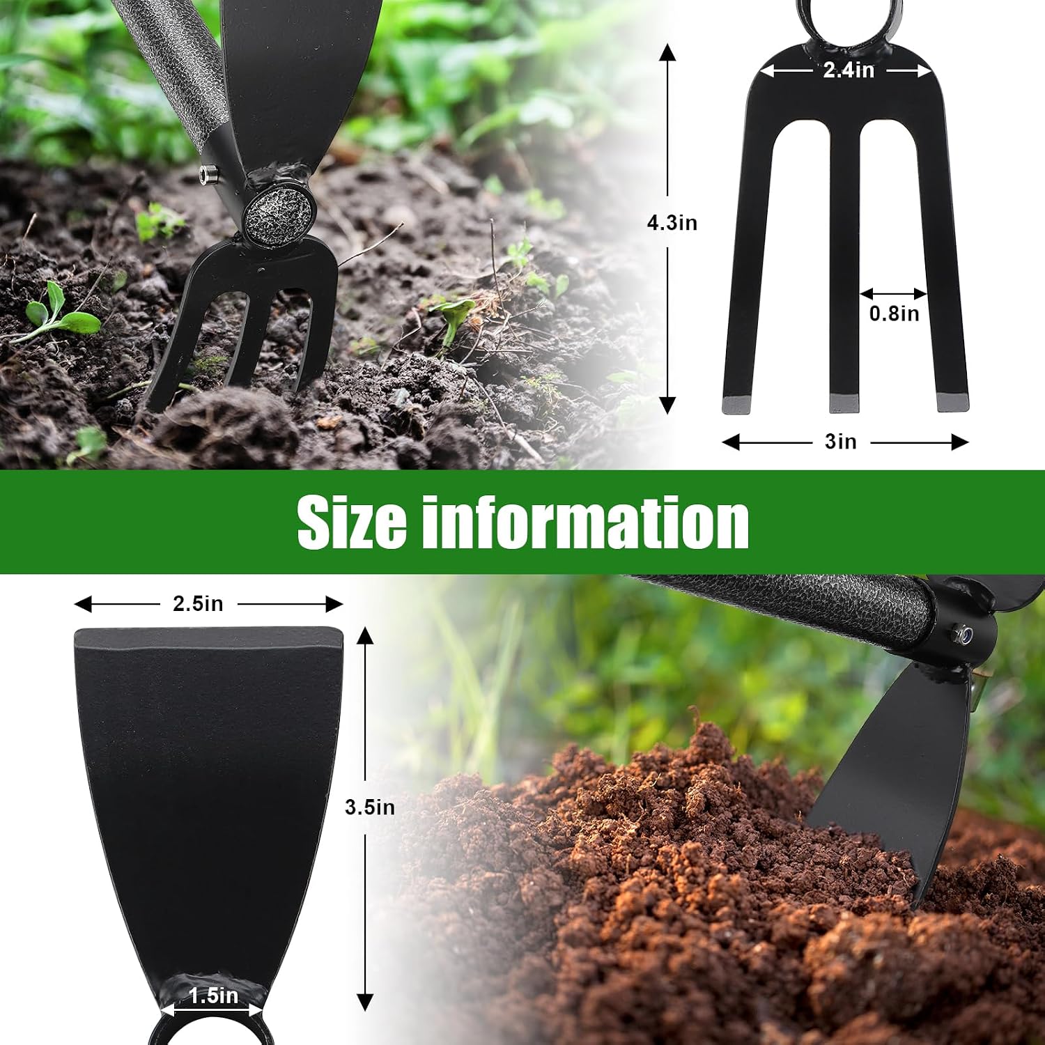 Garden Hoe with 3-Tine Cultivator Rake, 2-In-1 Carbon Steel Sharp Weeding Tool with 60 " Long Handle For Weed Removal
