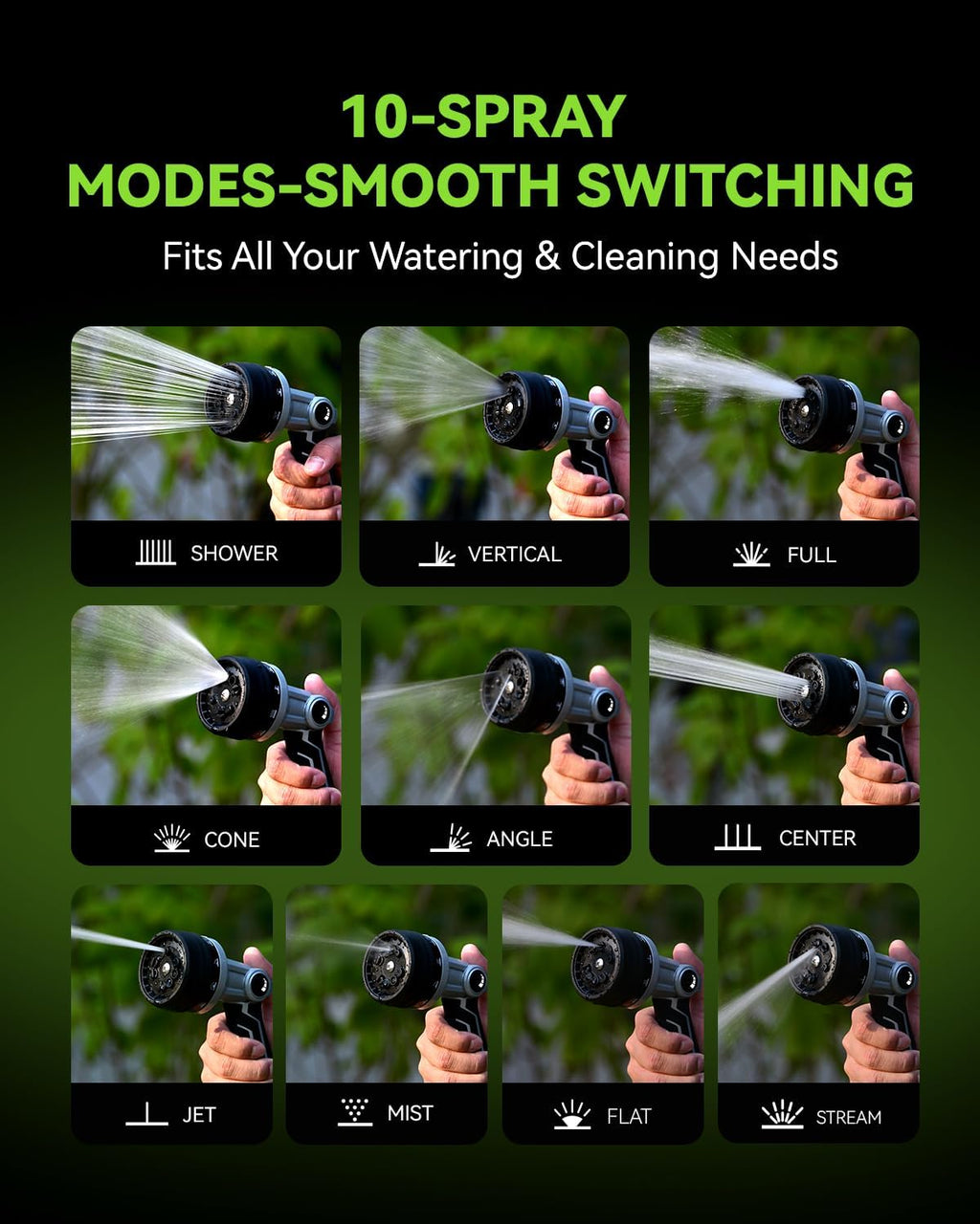 RAINPOINT Full-Metal Garden Hose Nozzle, Heavy Duty Water Hose Nozzle Sprayer With 10 Adjustable Patterns & High