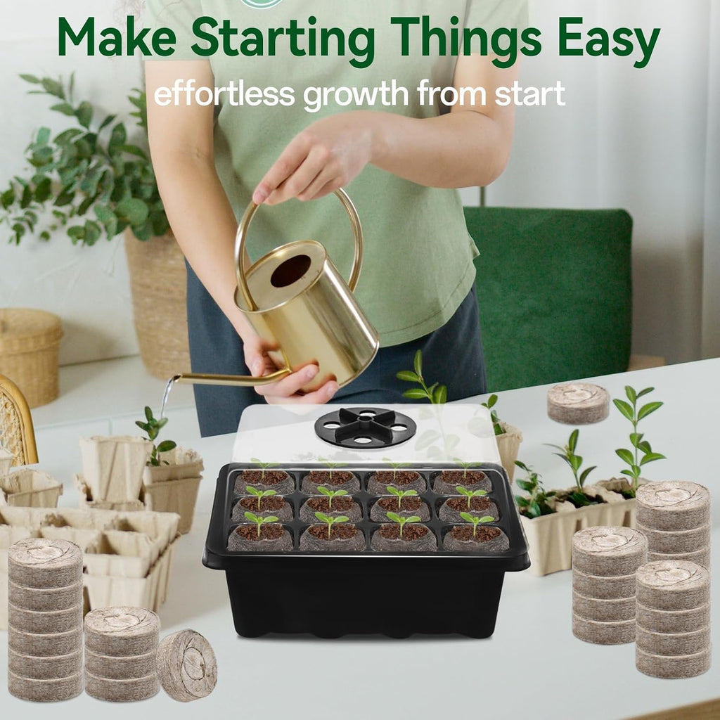 Seed Starter Tray with Peat Pellets, Black Starting Seeds Kit for Plants | 8 Trays (96 Cells) + 100 Organic Peat