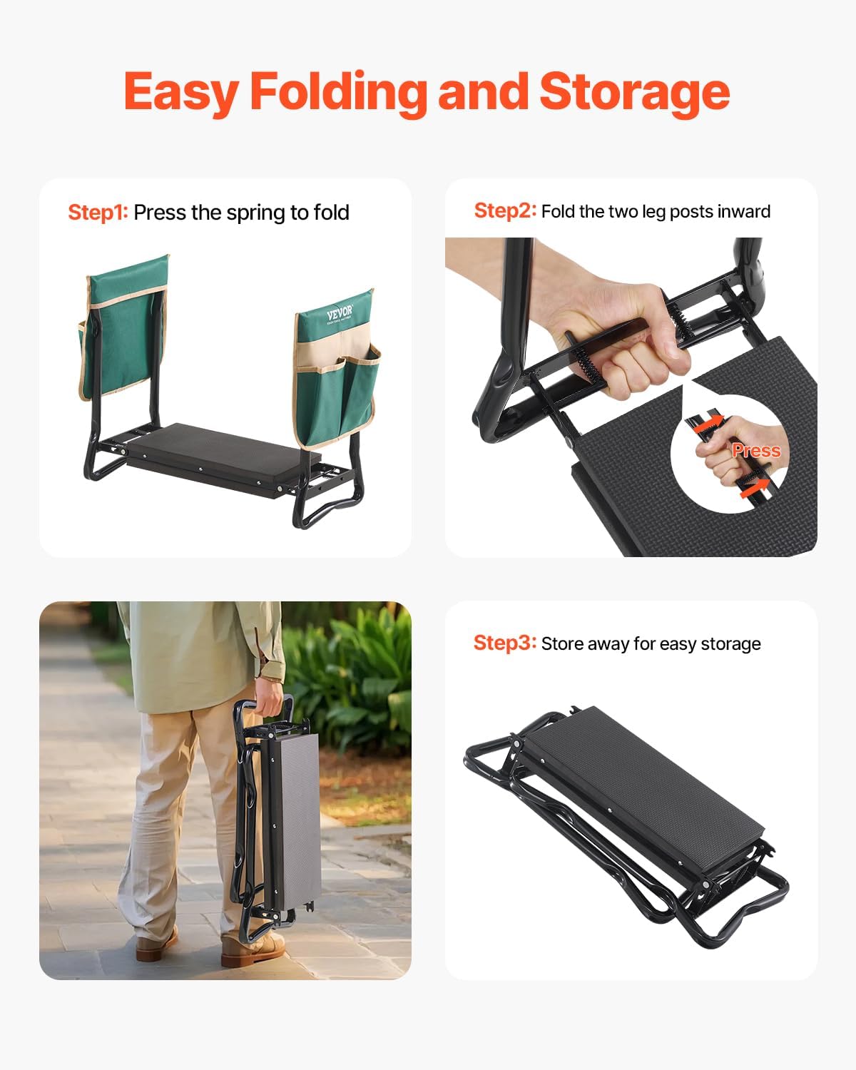 VEVOR Garden Kneeler and Seat, 330 lbs Load Capacity, 8" EVA Wide Pad, Foldable Garden Stool, Kneeling Bench for