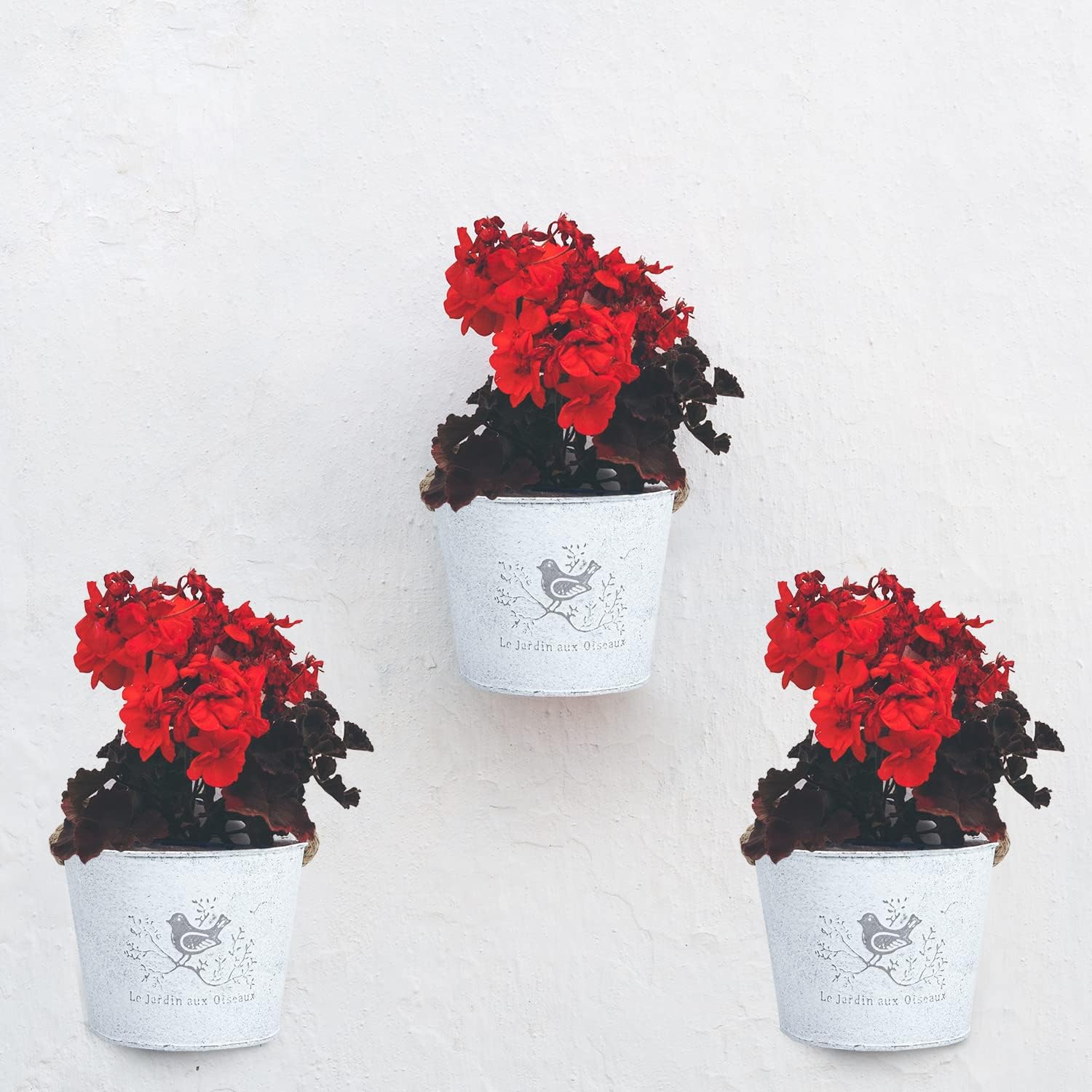 XONOR 4Pcs Galvanized Metal Wall Planter- Wall Hanging Bucket Vintage Rustic Flowers Vase Planter Holder with Rope for