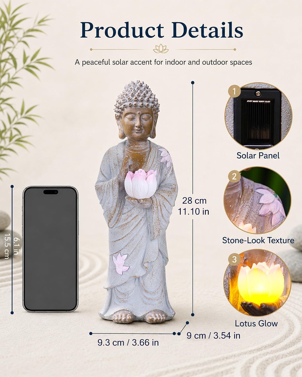 Solar Buddha Garden Statue Decor: Standing Figurine with Lotus Light | 11-Inch White Zen Sculpture, Patio Lawn Yard
