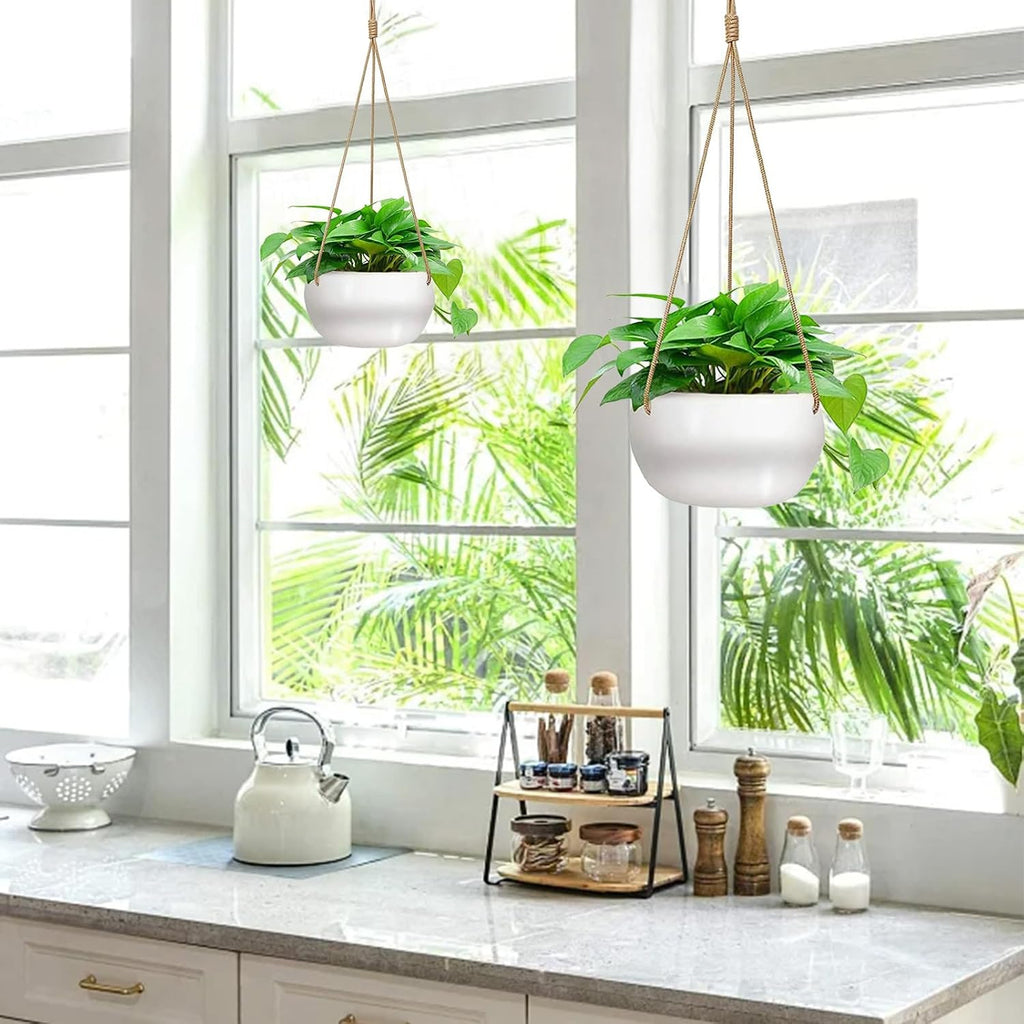 Ceramic Hanging Planters for Indoor Outdoor Plants,8 in Modern Plant Pot Round Porcelain Hanger Basket with Rope