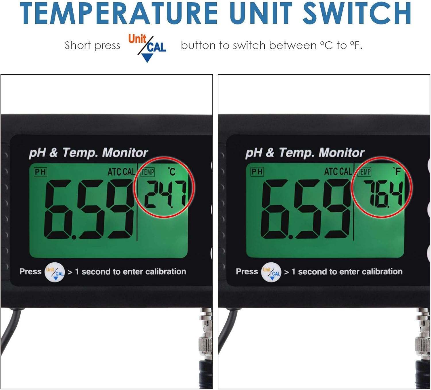 2 in1 pH Temperature Meter, Aquarium Thermometer pH Monitor with BNC Probe | Hydroponics, Aquariums, Pools, Labs