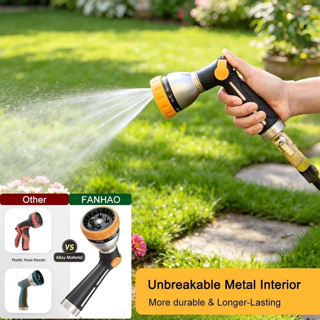 FANHAO Thumb Control Garden Hose Nozzle Heavy Duty Metal, 8 Spray Patterns | Rustproof Leakproof, Non-Slip Ergonomic