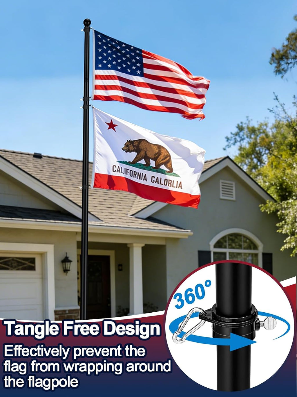 Acostop 10ft In-Ground Flag Pole for Outside House, Fits 2 Flags | Windproof Thicken Flag Pole Kit with 5 Sturdy Prongs
