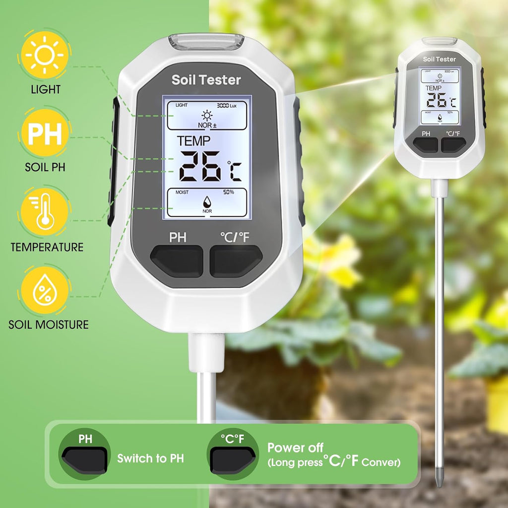 YAMRON 4-in-1 Soil Moisture Meter Digital Plant Temperature/Soil Moisture/pH Meter/Sunlight Intensity Backlight LCD