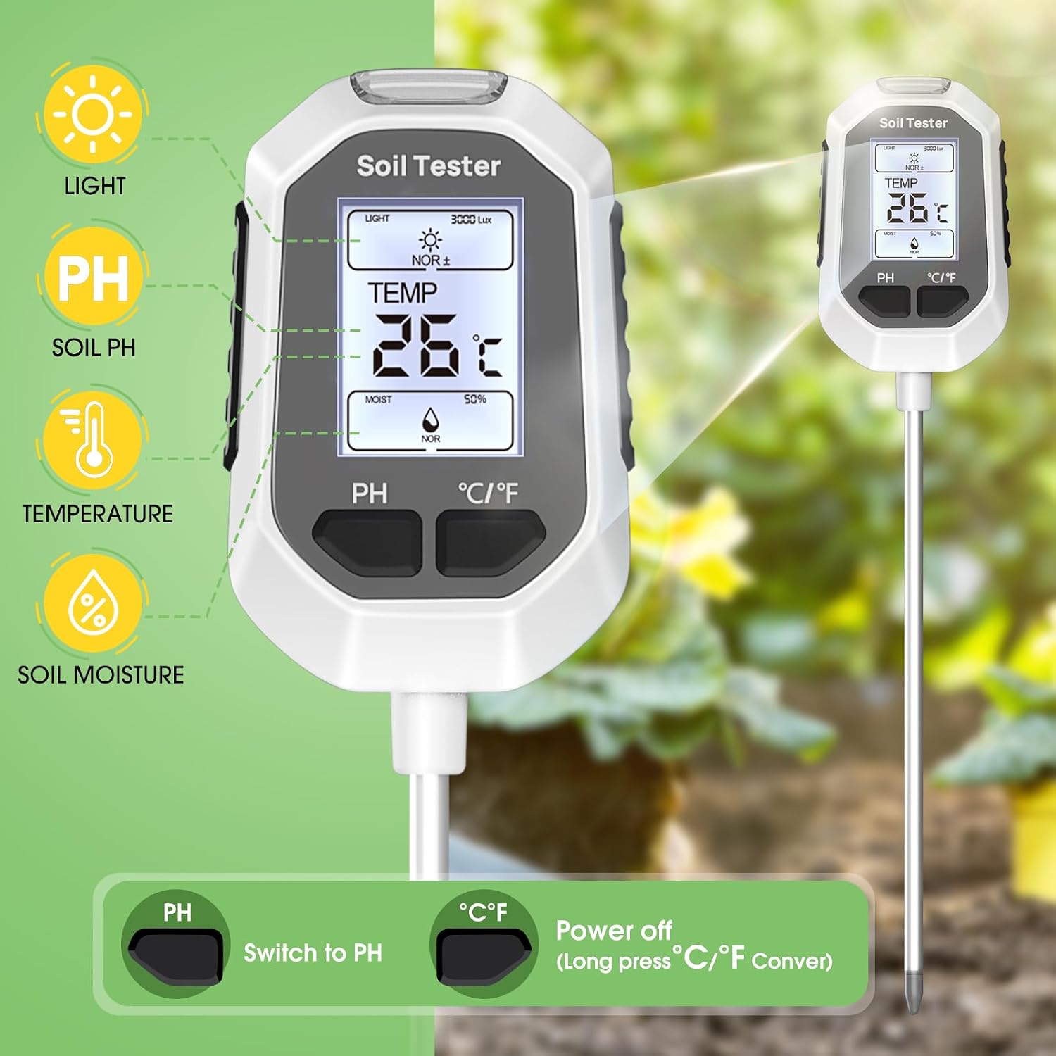 YAMRON 4-in-1 Soil Moisture Meter Digital Plant Temperature/Soil Moisture/pH Meter/Sunlight Intensity Backlight LCD