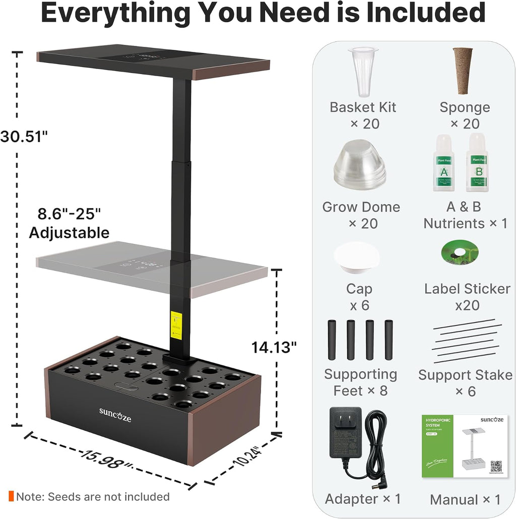 SUNCOZE Smart Hydroponics Growing System, 20 Pods, 25 in Adjustable Height | Indoor Herb Garden with 30W LED Grow