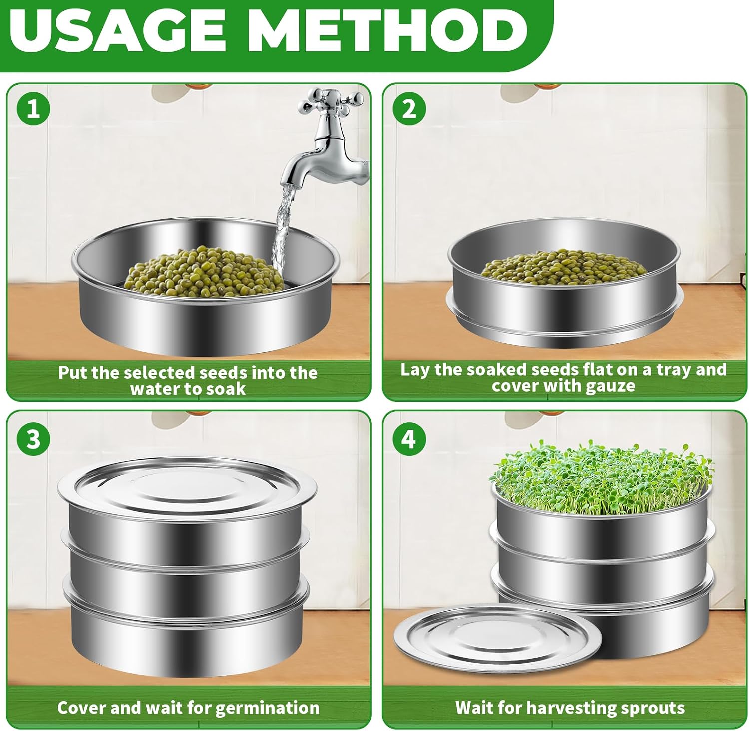 8.6" Sprouts Growing Kit, Stainless Steel Sprouting Kit, 3-Tier Stackable Mesh Germination Tray, Seed Sprout Grower