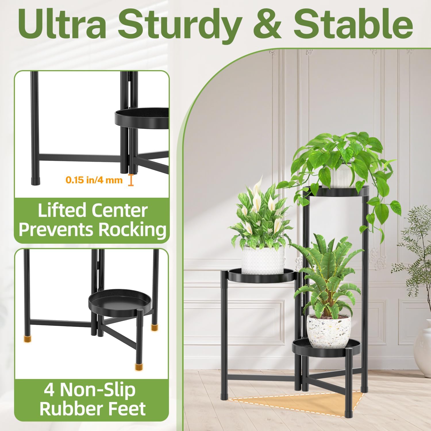 iDavosic.ly Plant Stand Indoor Outdoor, 3 Tier Metal Corner Shelf, Black | Tiered Flower Display Holder, Folding Multi