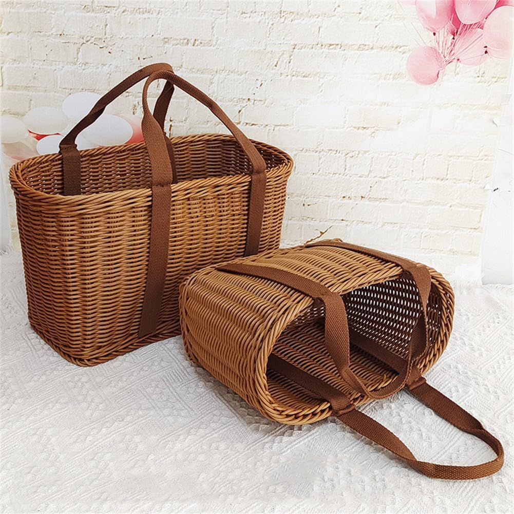 Wicker Shopping Basket with Handles – Reusable Handwoven Market Basket for Groceries, Farmers Market, Foraging, Picnic