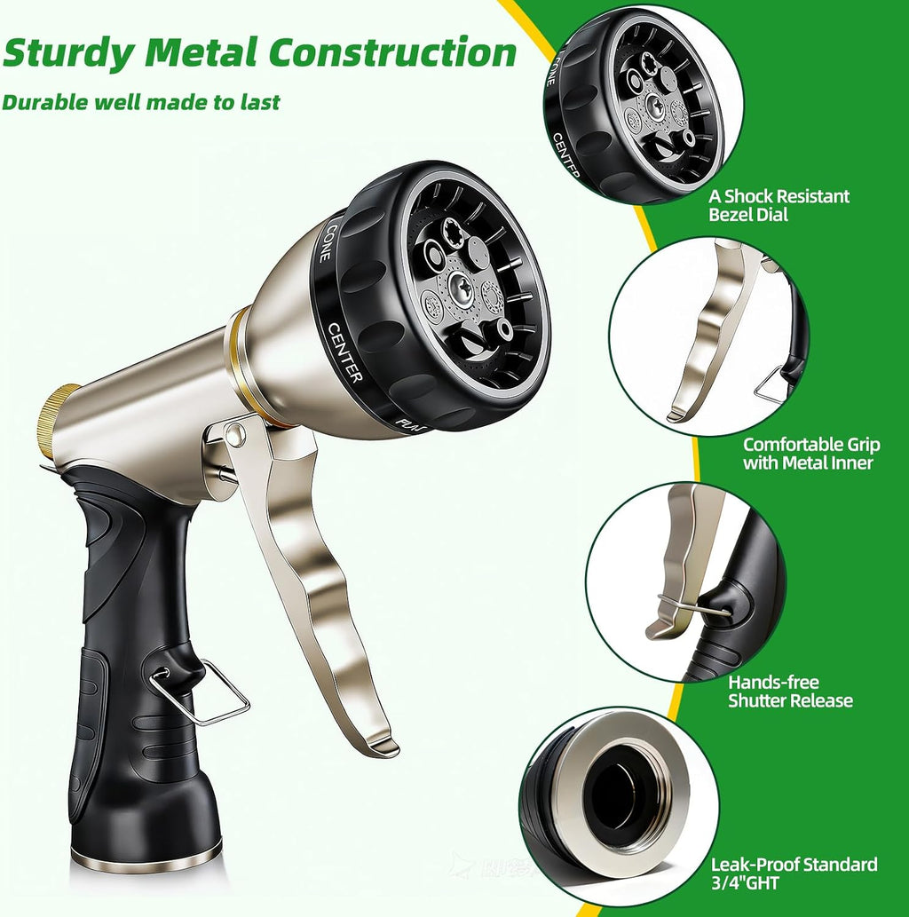 ARXIVE Metal Garden Hose Nozzle, Heavy Duty High Pressure Hand Sprayer | 7 Adjustable Patterns for Watering, Car Wash
