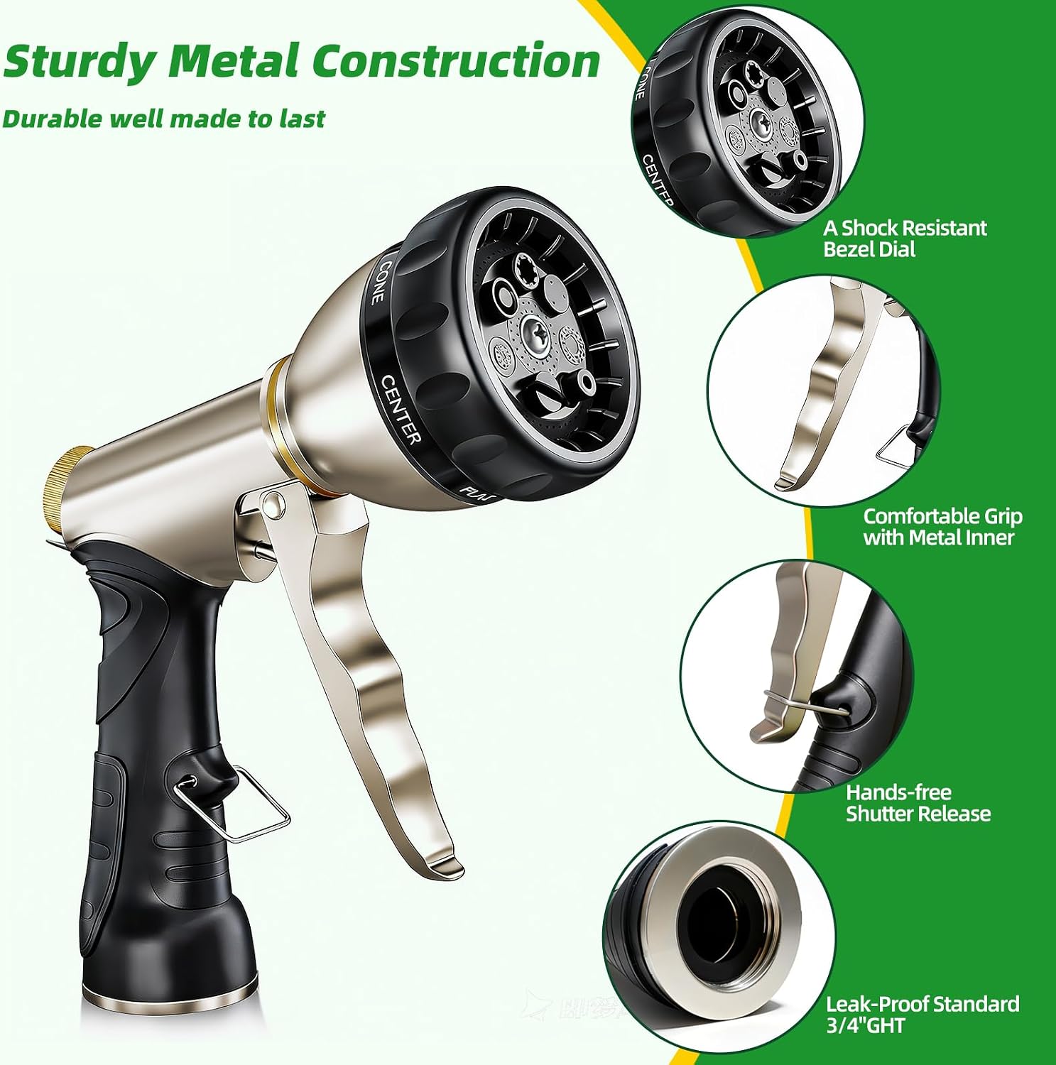 ARXIVE Metal Garden Hose Nozzle, Heavy Duty High Pressure Hand Sprayer | 7 Adjustable Patterns for Watering, Car Wash