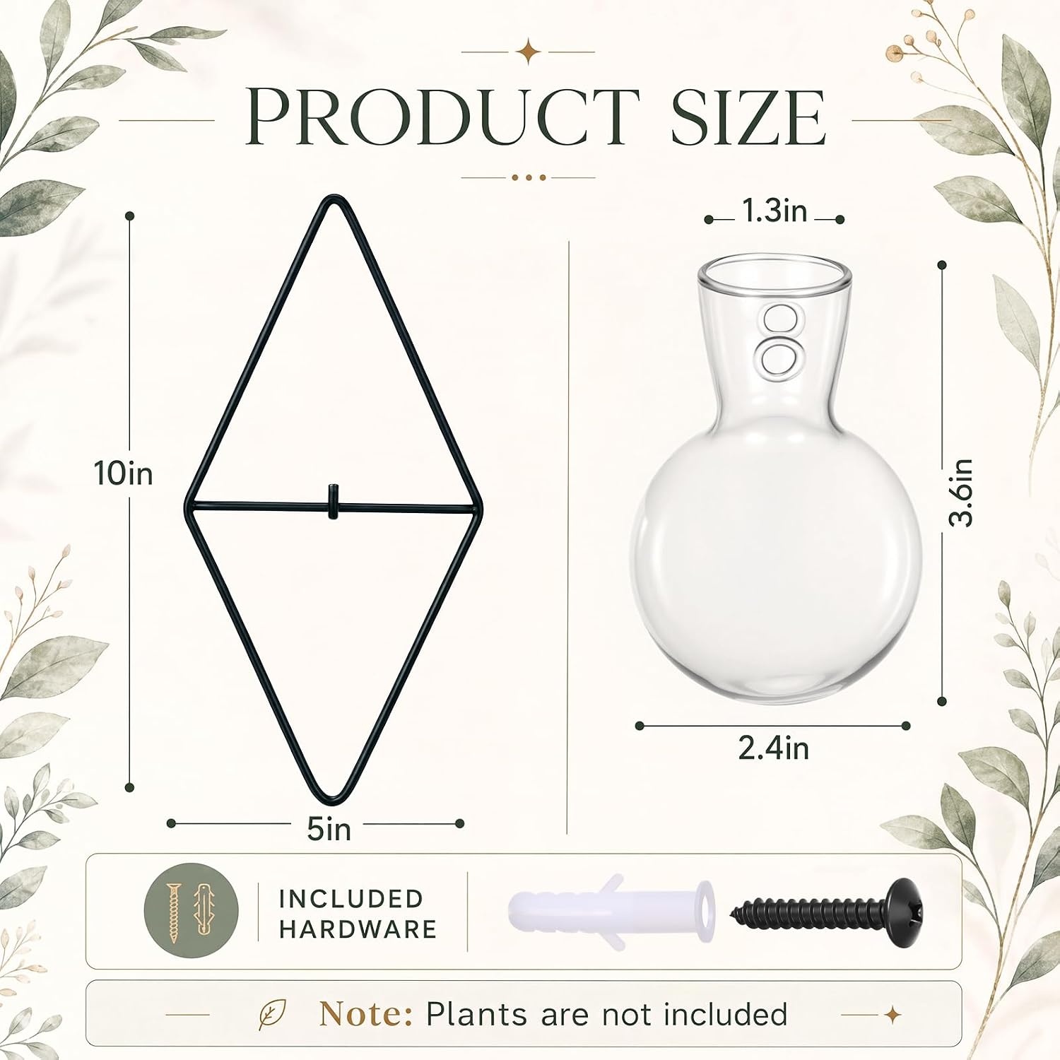 4 Pack Wall Hanging Glass Vase with Metal Frame, Wall Mounted Plant Propagation Station, Diamond Shape Hydroponic Glass