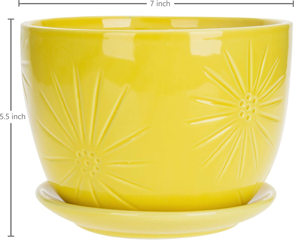MyGift 7 Inch Yellow Ceramic Planter Pot with Sunburst Design & Saucer | Bright tabletop planter features a textured