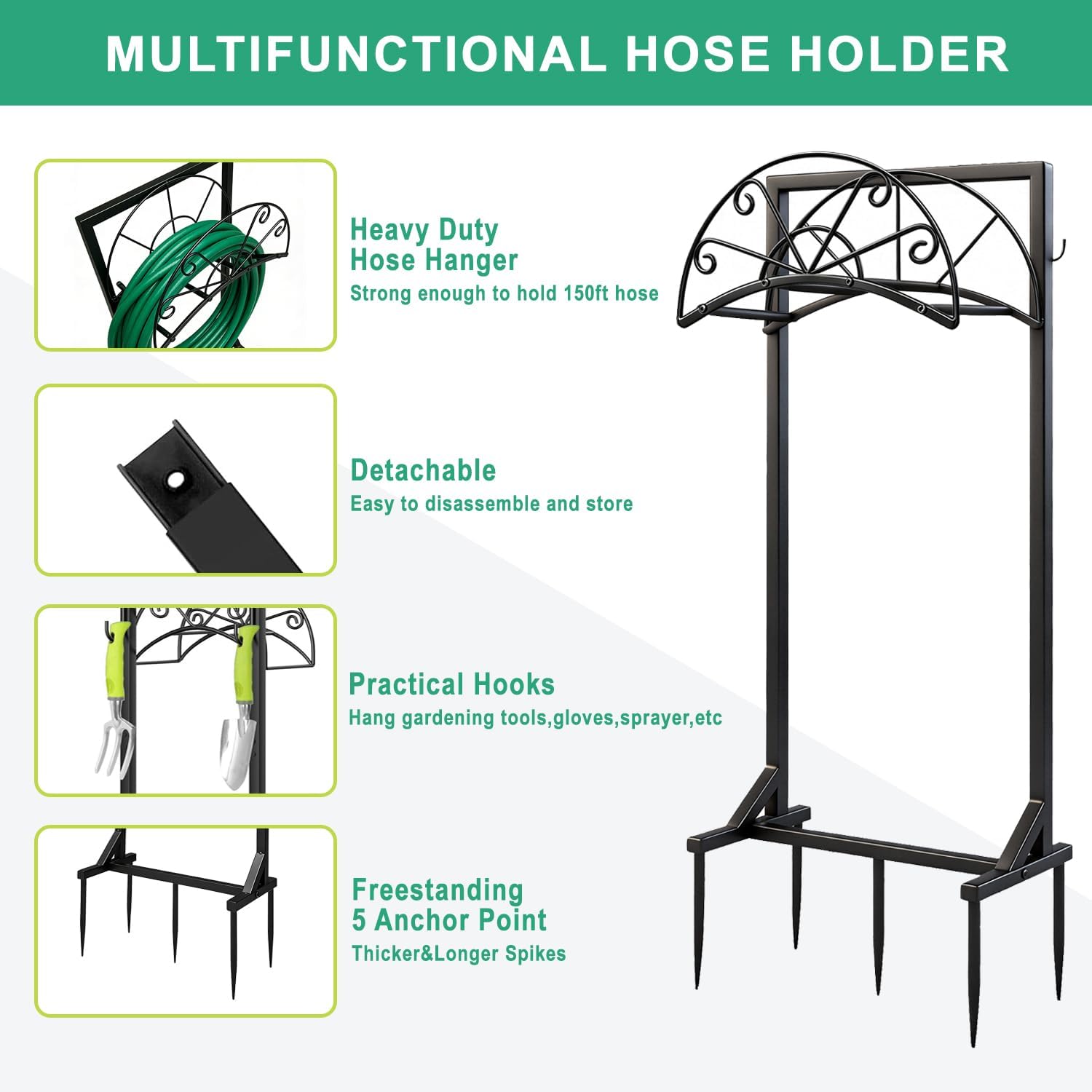 Garden Hose Holder for Outside,Heavy-Duty Metal Hose Hanger Rack | Freestanding & Detachable Metal Hose Holder for yard