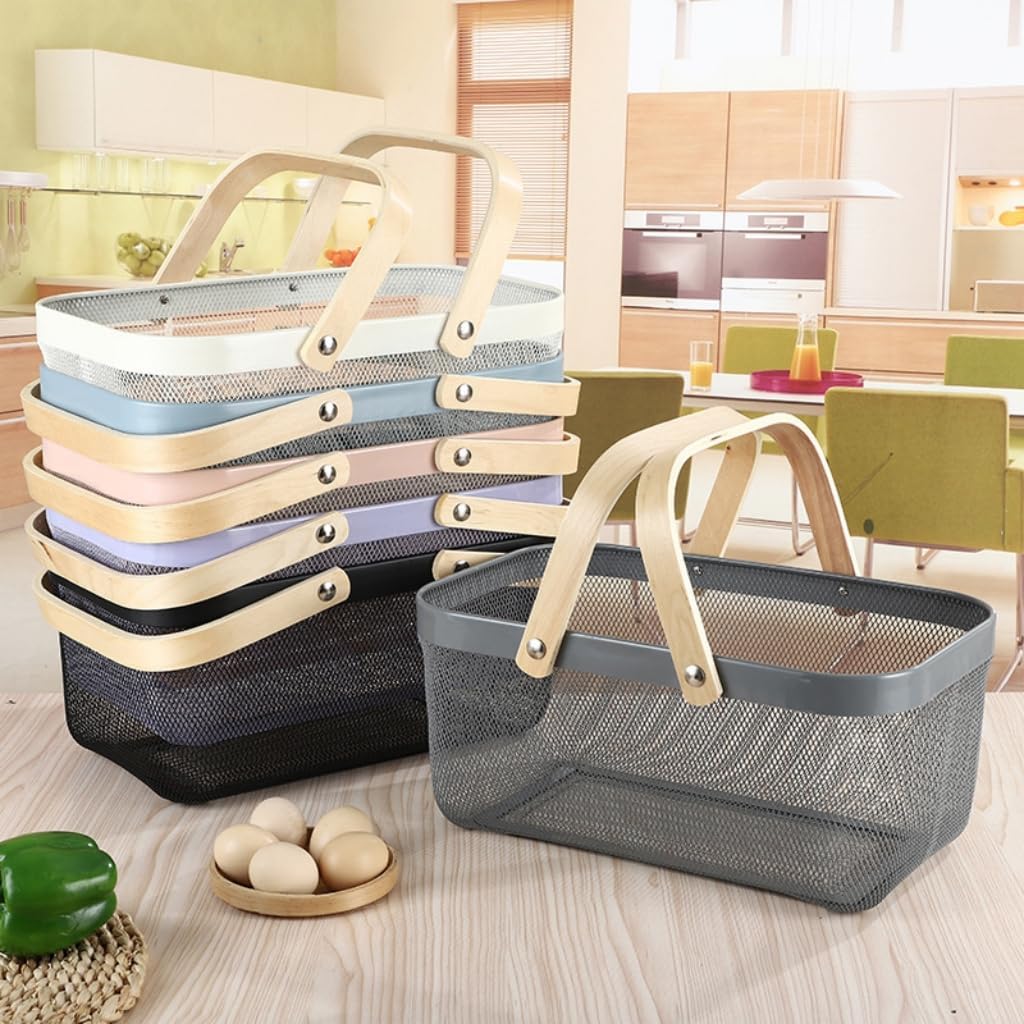 Portable Mesh Harvest Basket - Natural Bamboo Handle Foldable Organizer for Kitchen, Garden & Picnic | Ventilated