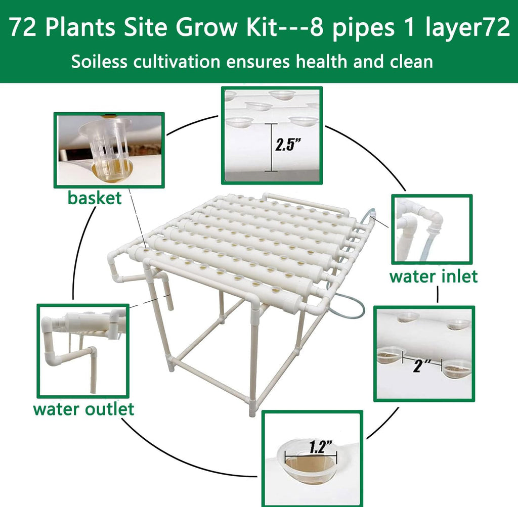 INTBUYING Hydroponics Growing System 72 Holes 8 Pipes 1 Layer Plant Site Grow Kit with 110V Water Pump, Nest Basket